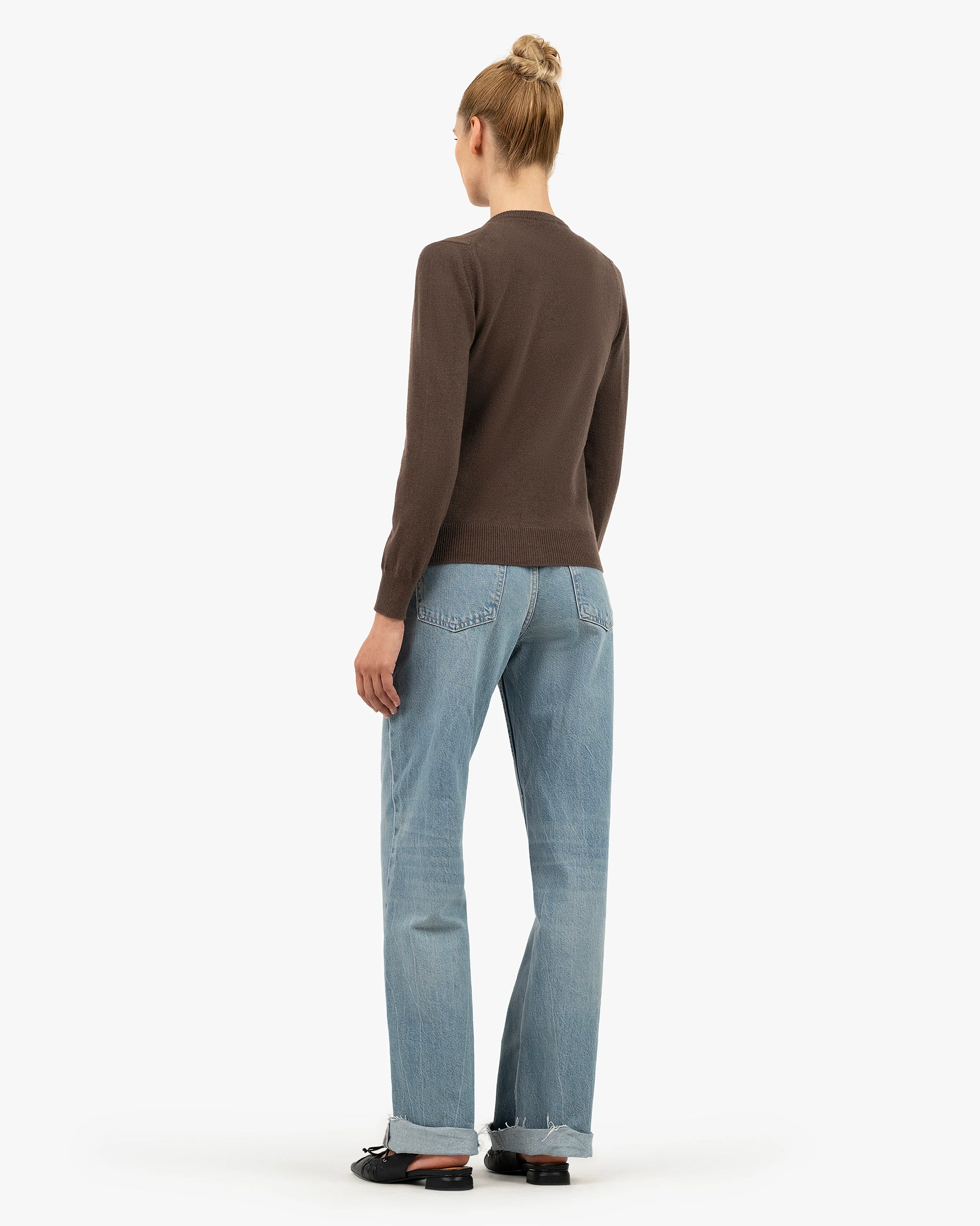 Essential Crew Neck Cardigan - Brown Cashmere