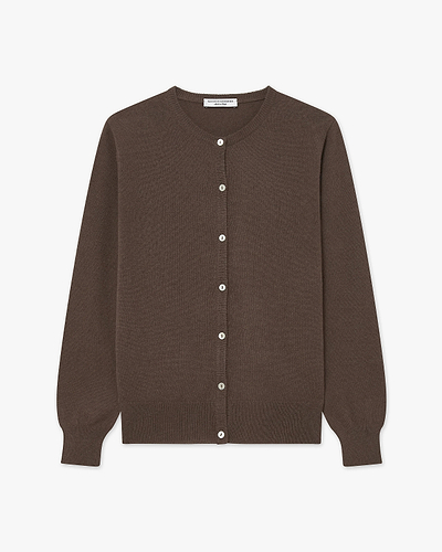 Essential Crew Neck Cardigan - Brown Cashmere