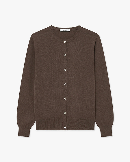 Essential Crew Neck Cardigan - Brown Cashmere