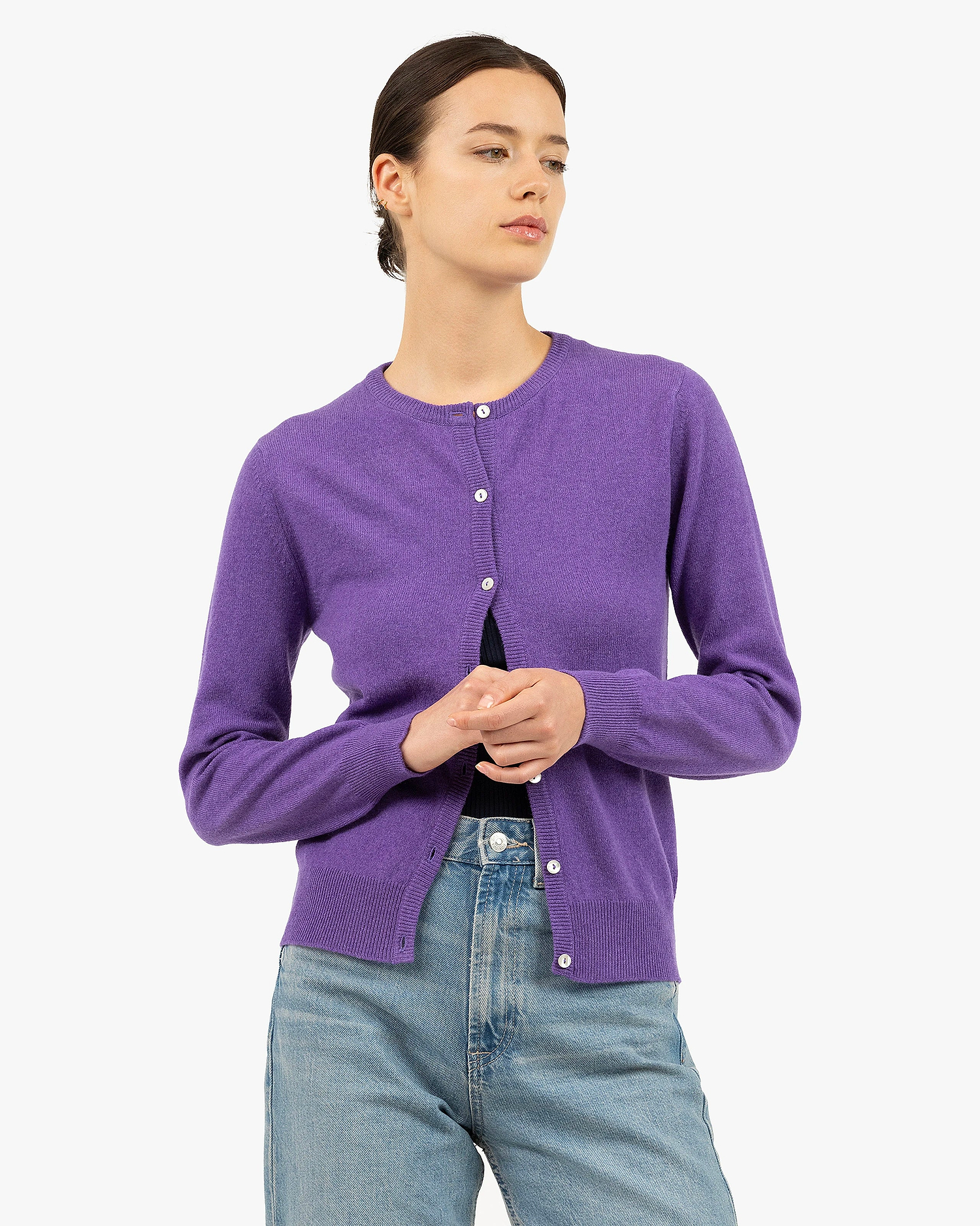 Essential Crew Neck Cardigan - Purple Cashmere