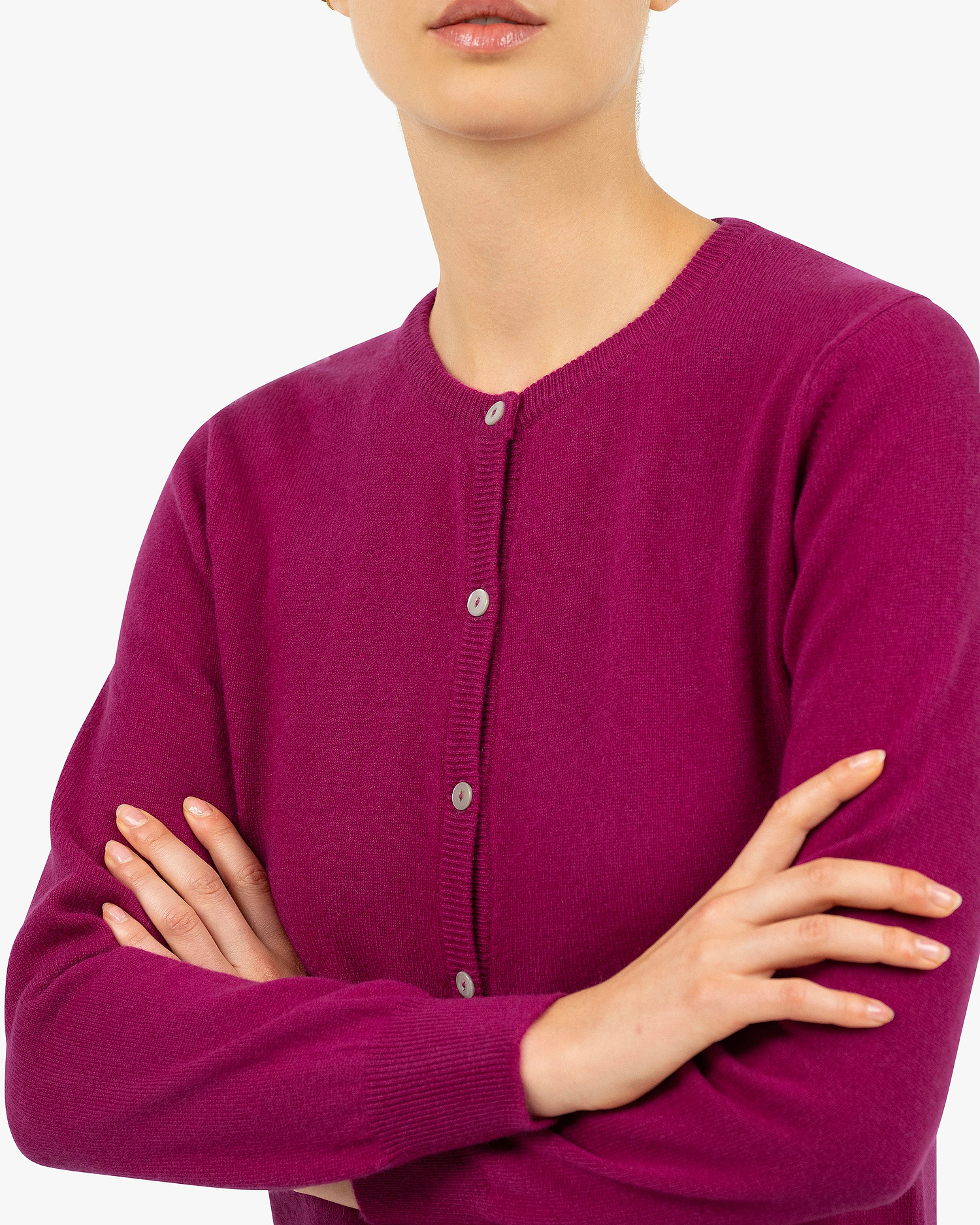 Essential Crew Neck Cardigan - Magenta Cashmere