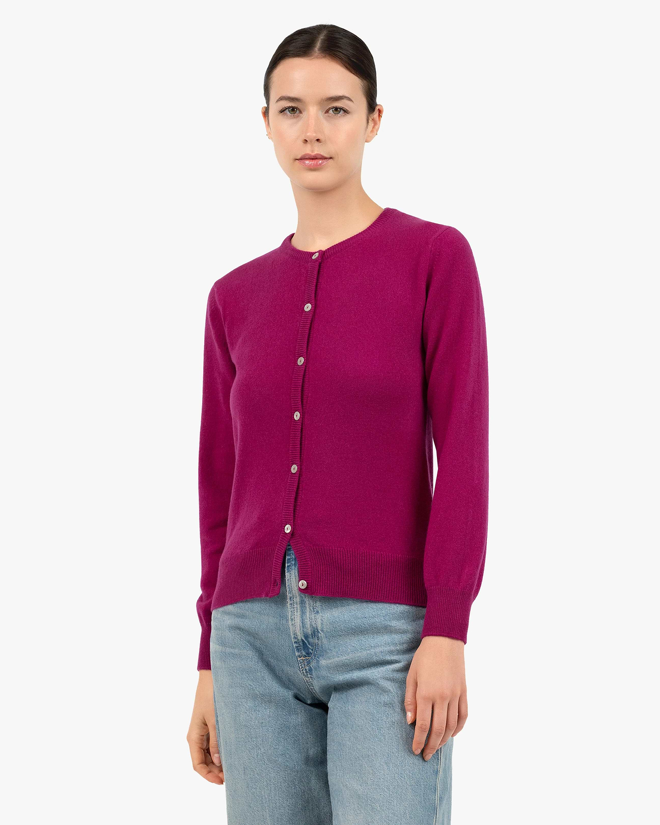 Women's Essential Cashmere Crew Neck Cardigan - Magenta