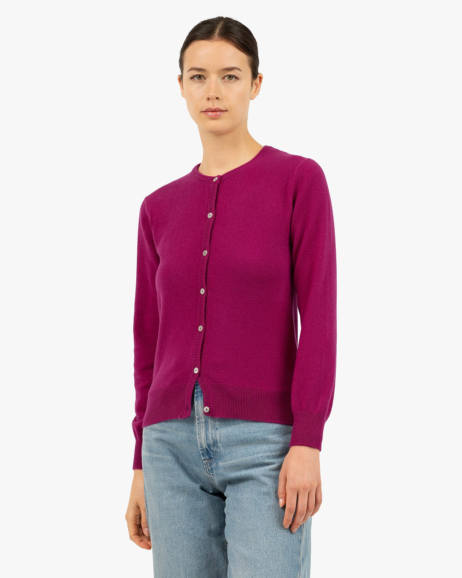 Essential Crew Neck Cardigan - Magenta Cashmere