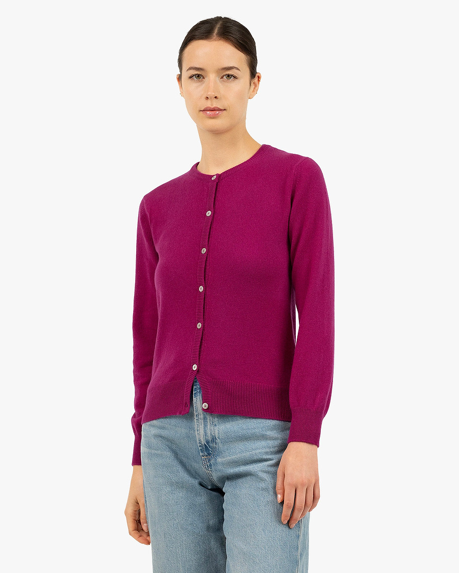Essential Crew Neck Cardigan - Magenta Cashmere