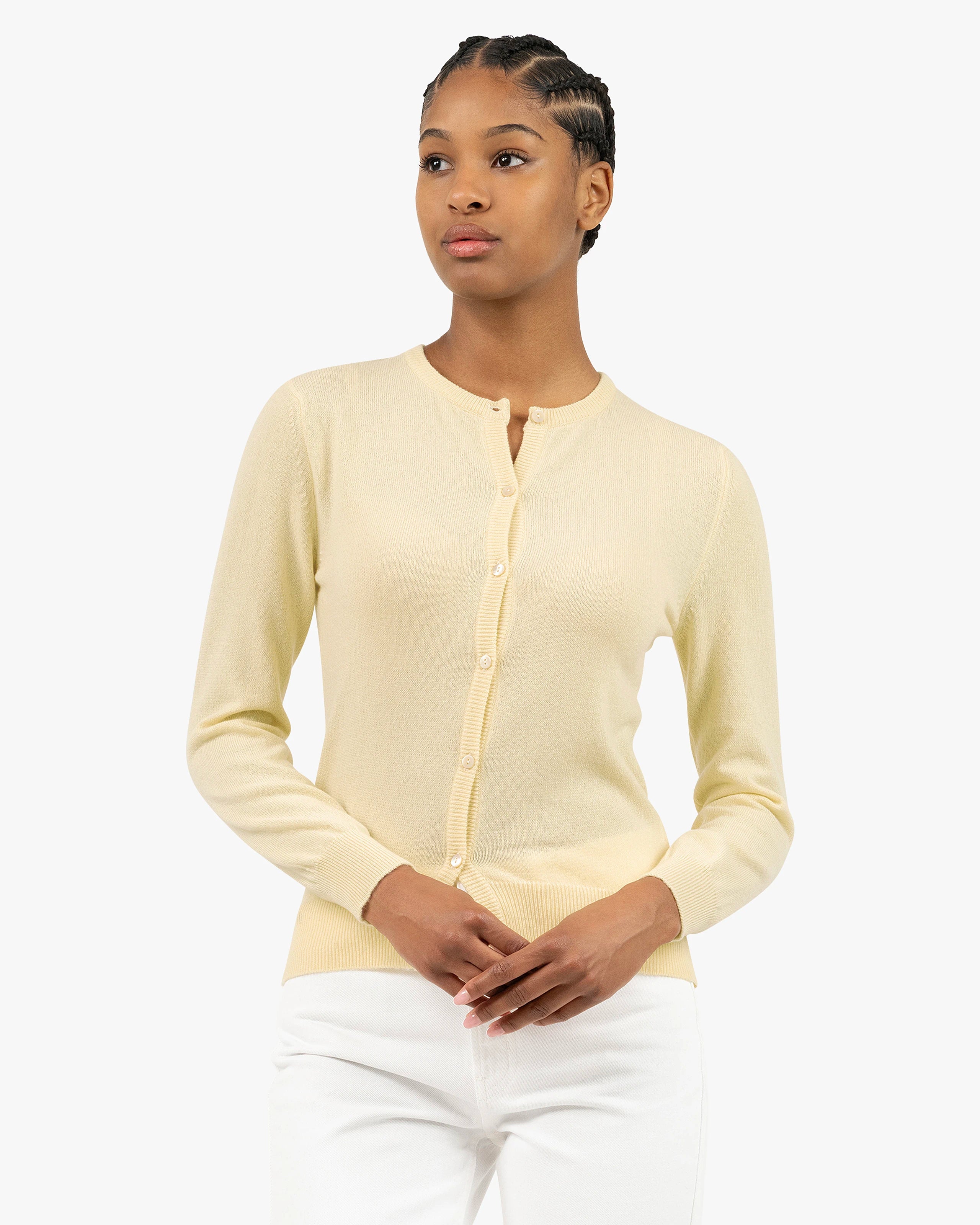 Essential Crew Neck Cardigan - Yellow Cashmere