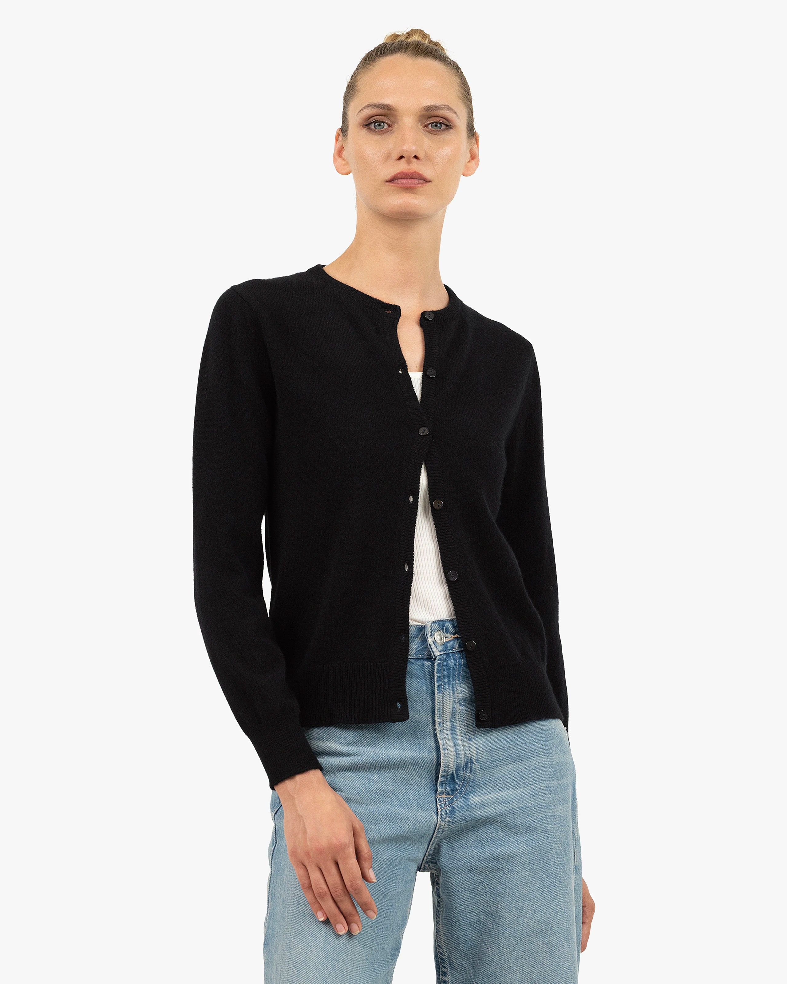 Essential Crew Neck Cardigan - Black Cashmere