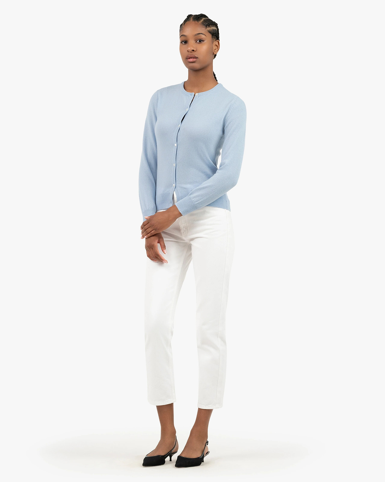 Women's Essential Cashmere Crew Neck Cardigan - Light Blue