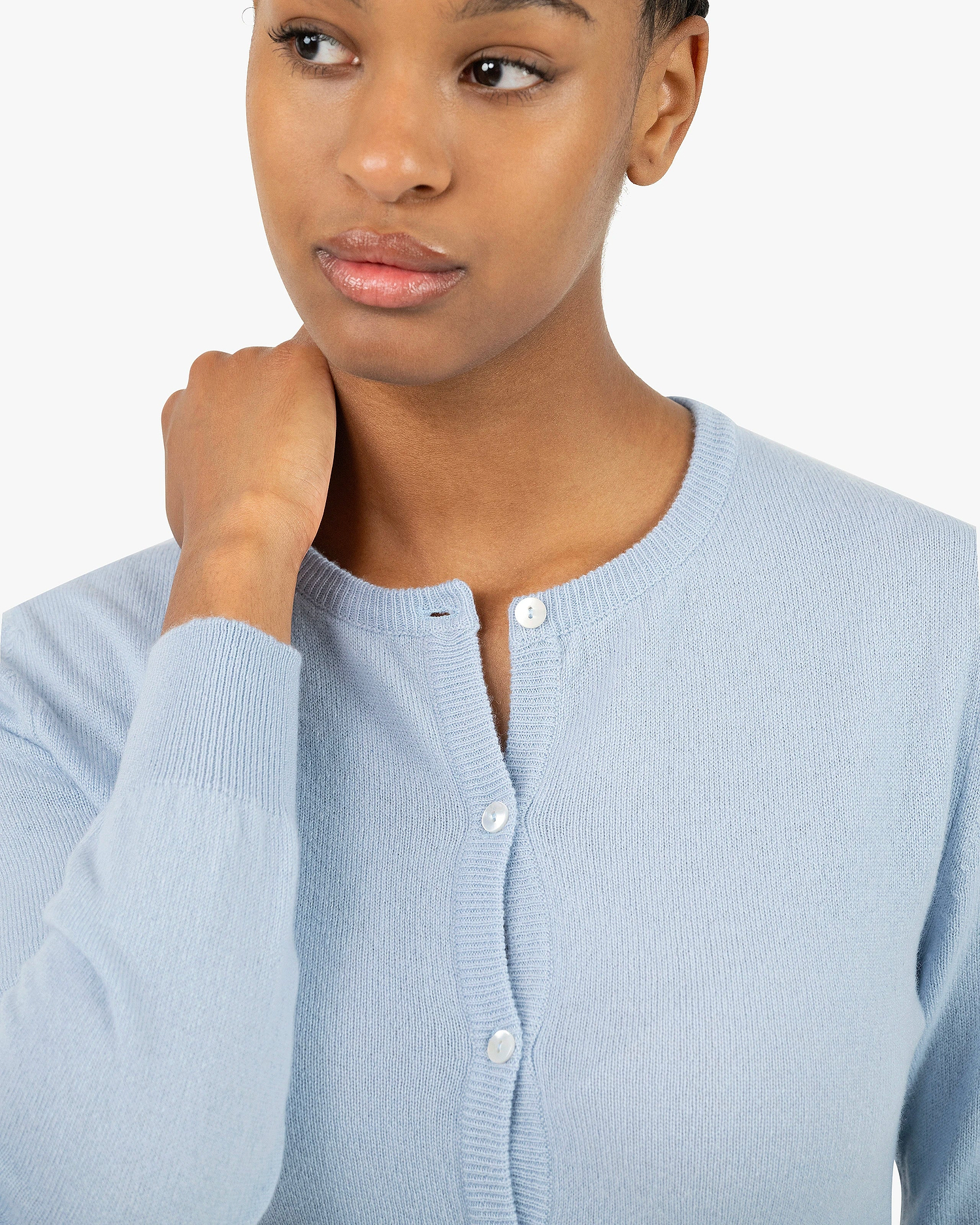 Essential Crew Neck Cardigan - Light Blue Cashmere