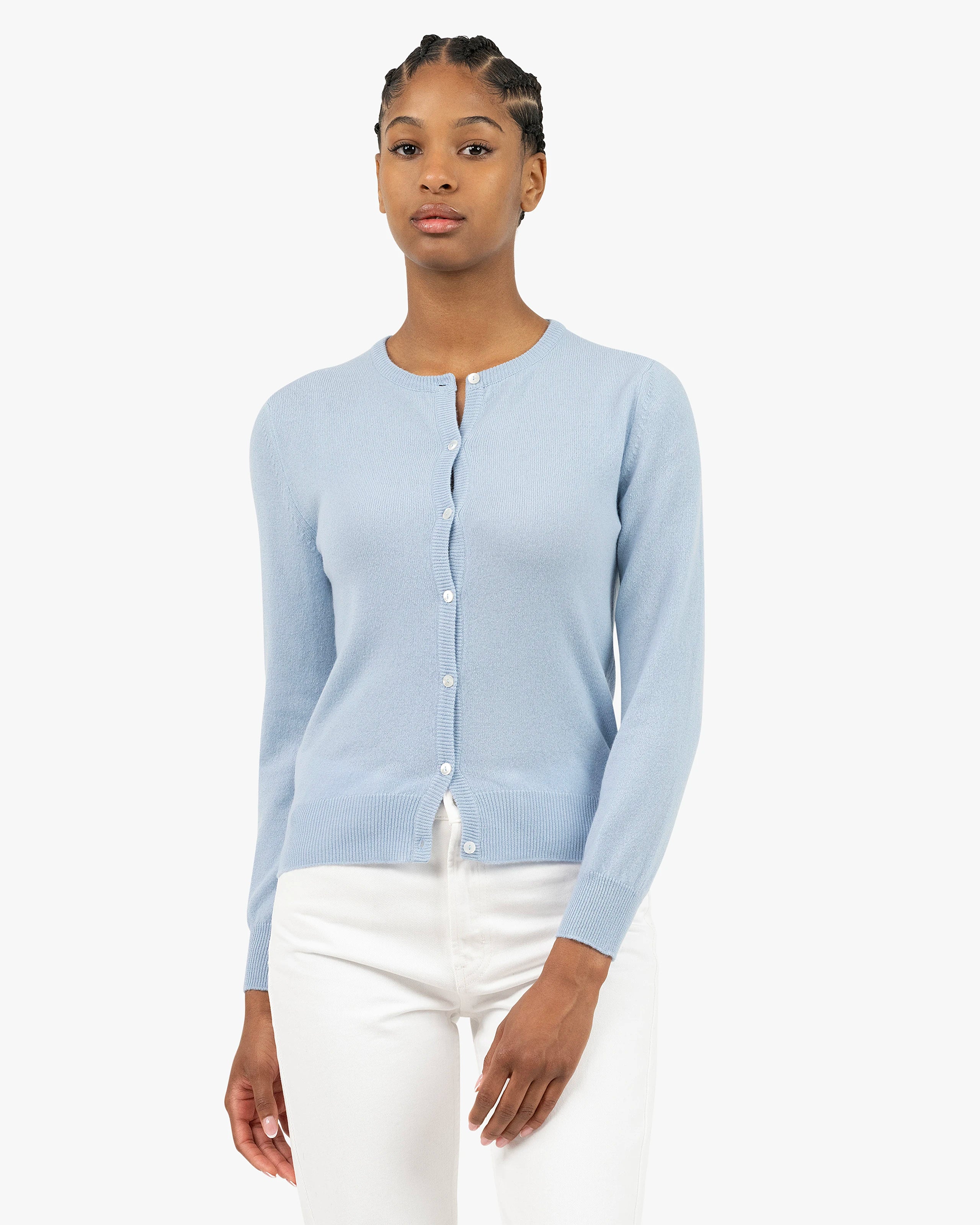 Essential Crew Neck Cardigan - Light Blue Cashmere