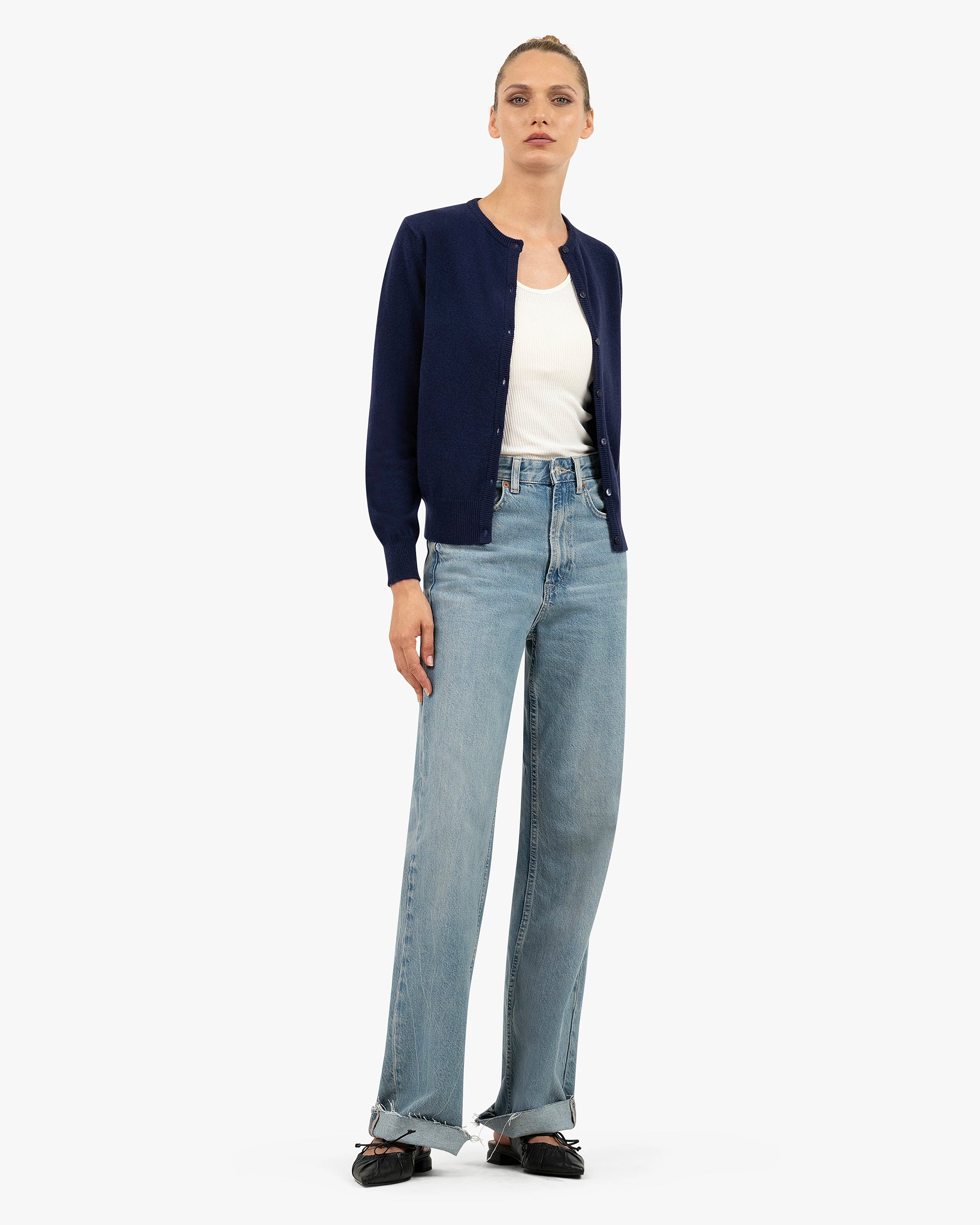 Essential Crew Neck Cardigan - Blue Cashmere