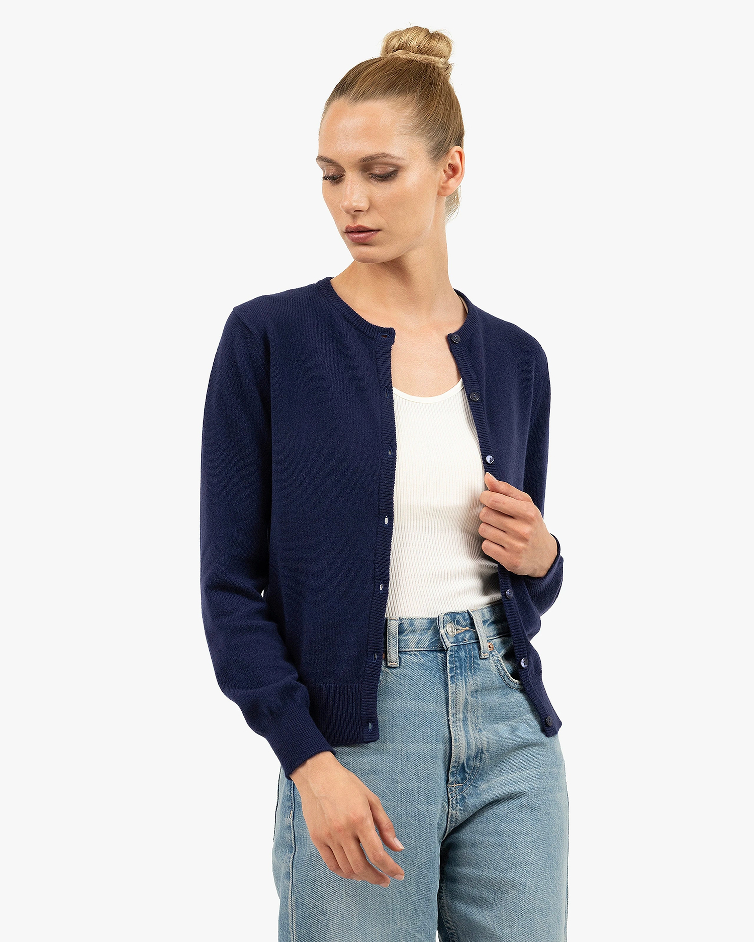 Essential Crew Neck Cardigan - Blue Cashmere