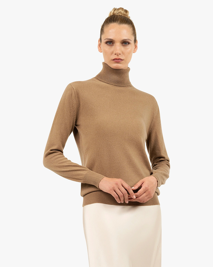Women's Essential Turtleneck Sweater - Camel Cashmere