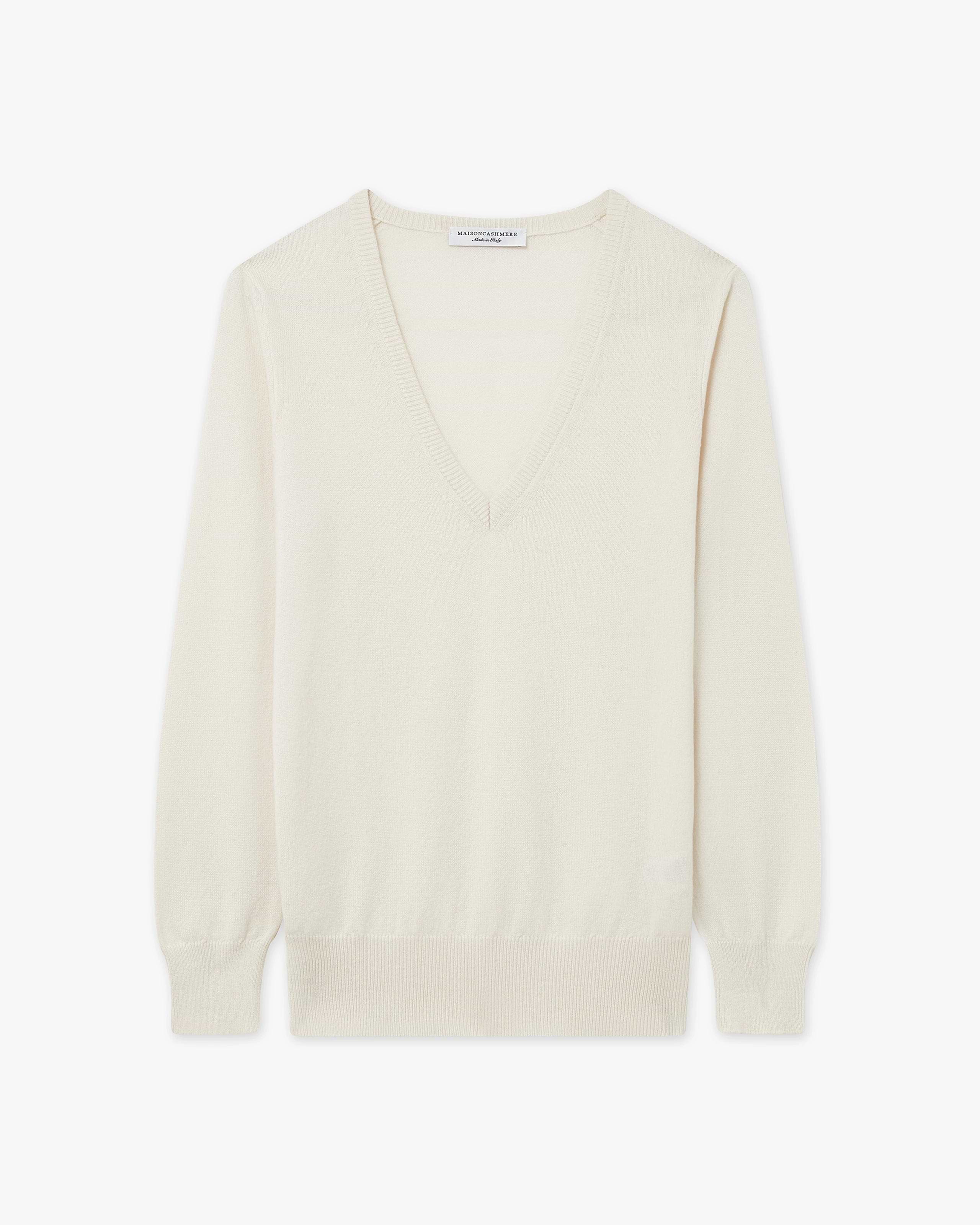 Women's Essential Cashmere V-Neck Sweater - White | MaisonCashmere Women's Essential Cashmere V-Neck Sweater - White | MaisonCashmere
