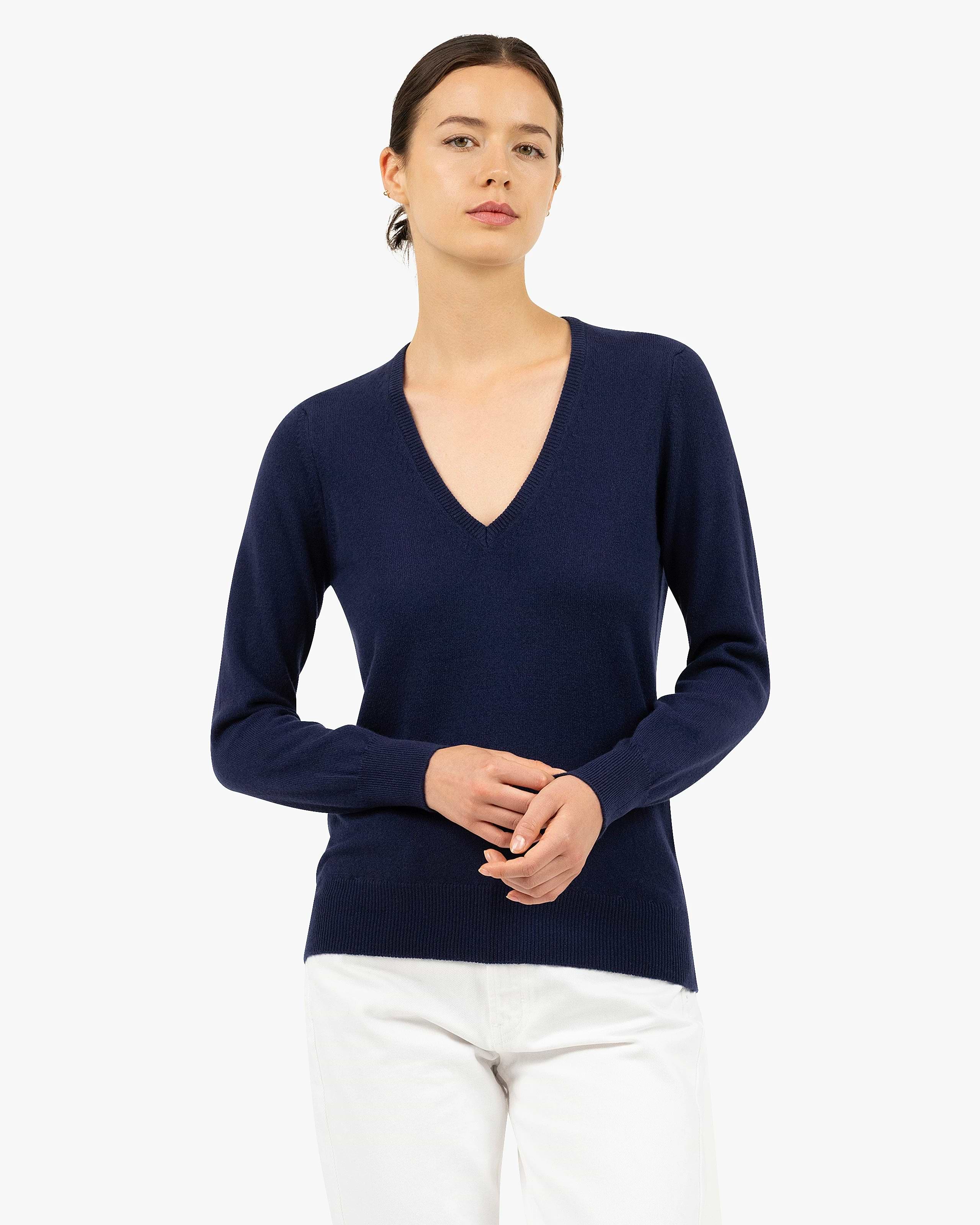Cashmere Blue Women's Essential Cashmere V-Neck Sweater - Blue | MaisonCashmere