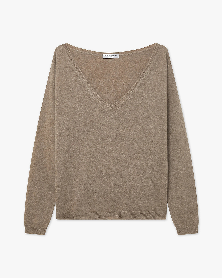 Essential Wide V-Neck Sweater - Taupe Cashmere