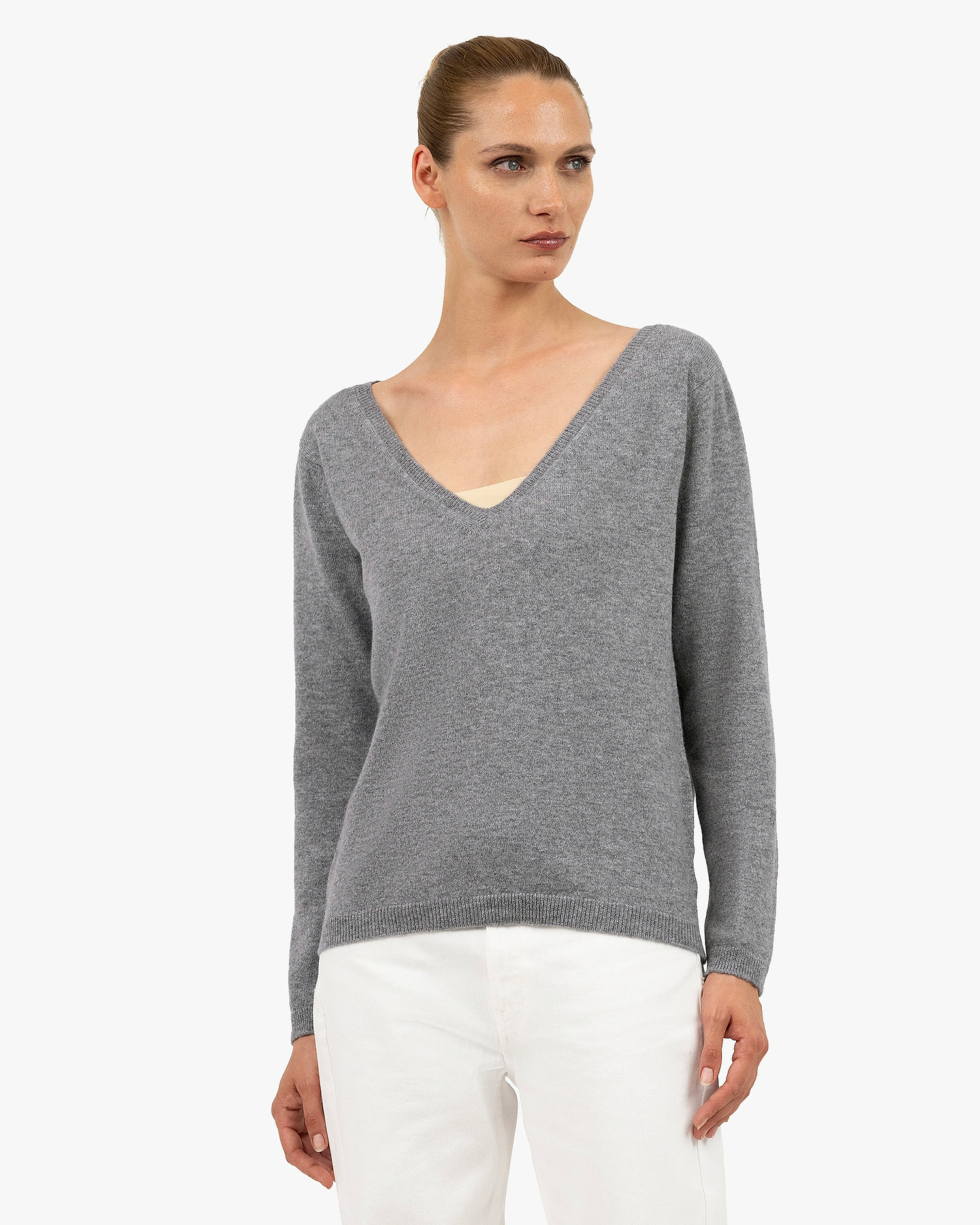 Essential Wide V-Neck Sweater - Medium Grey Cashmere