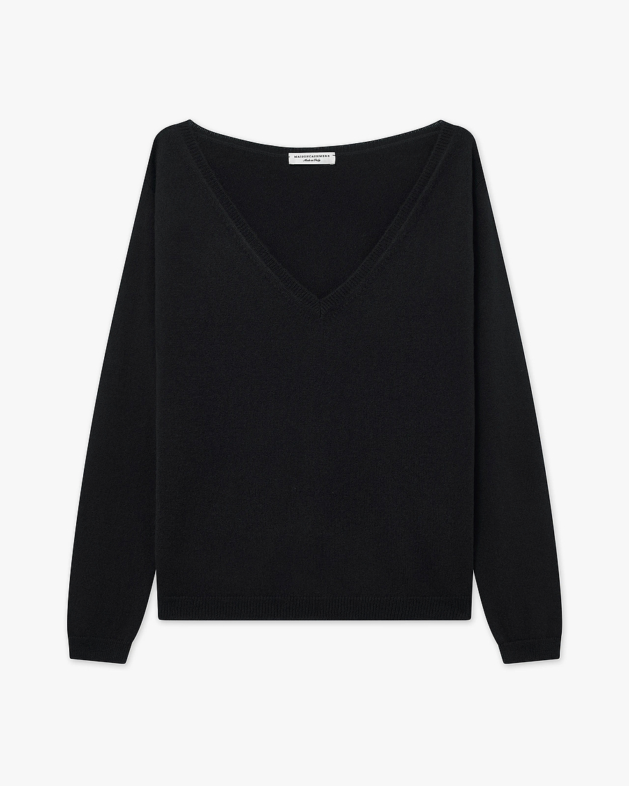 Essential Wide V-Neck Sweater - Black Cashmere