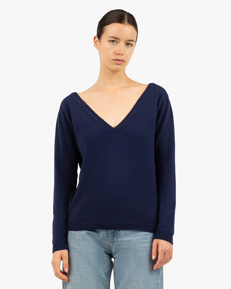 Essential Wide V-Neck Sweater - Blue Cashmere