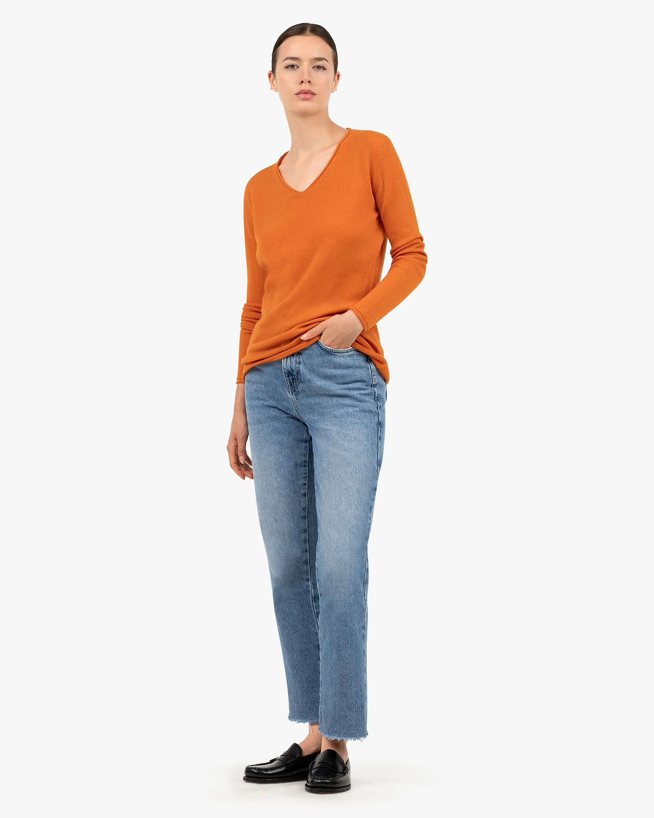 Women's Lightness Cashmere V-Neck Sweater - Orange | MaisonCashmere