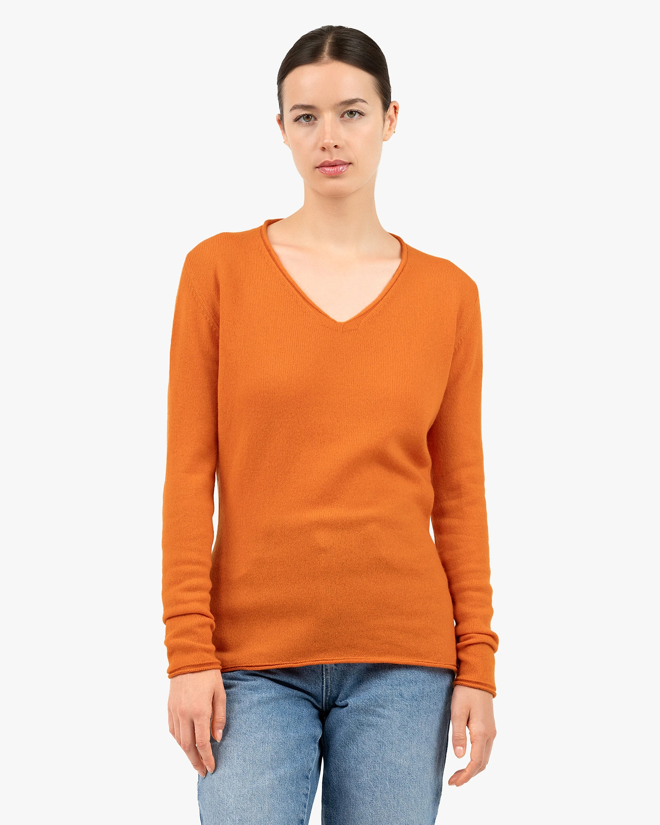 Women's Lightness Cashmere V-Neck Sweater - Orange | MaisonCashmere