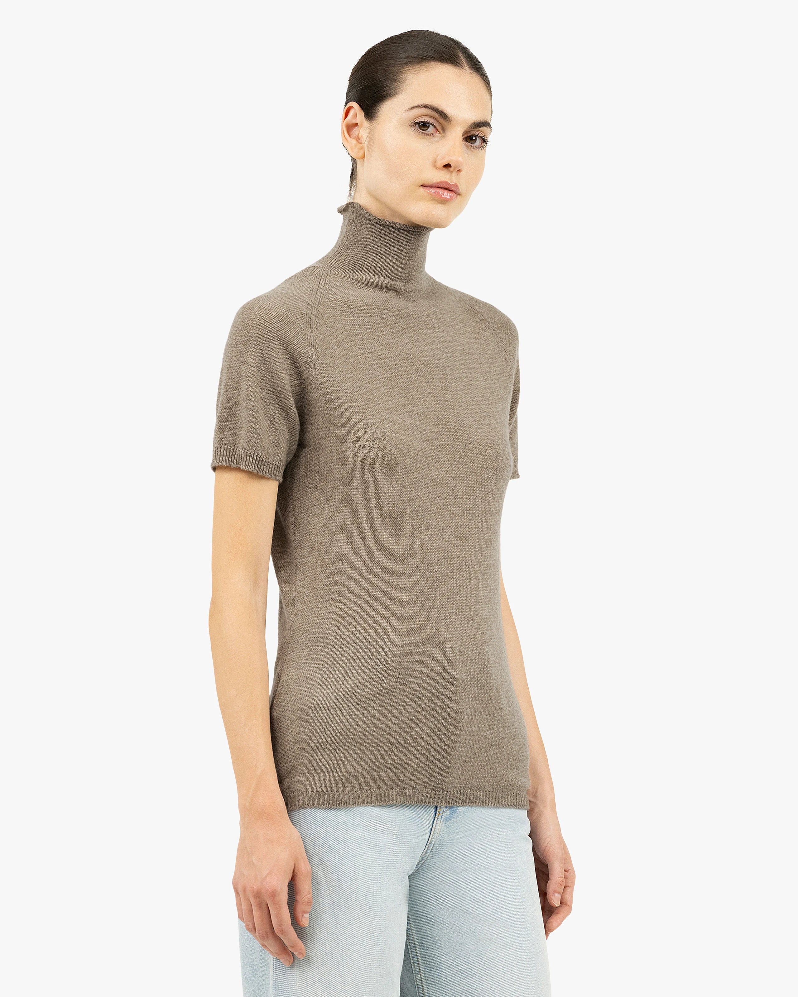 Piuma Mock Neck Tee - Taupe Cashmere