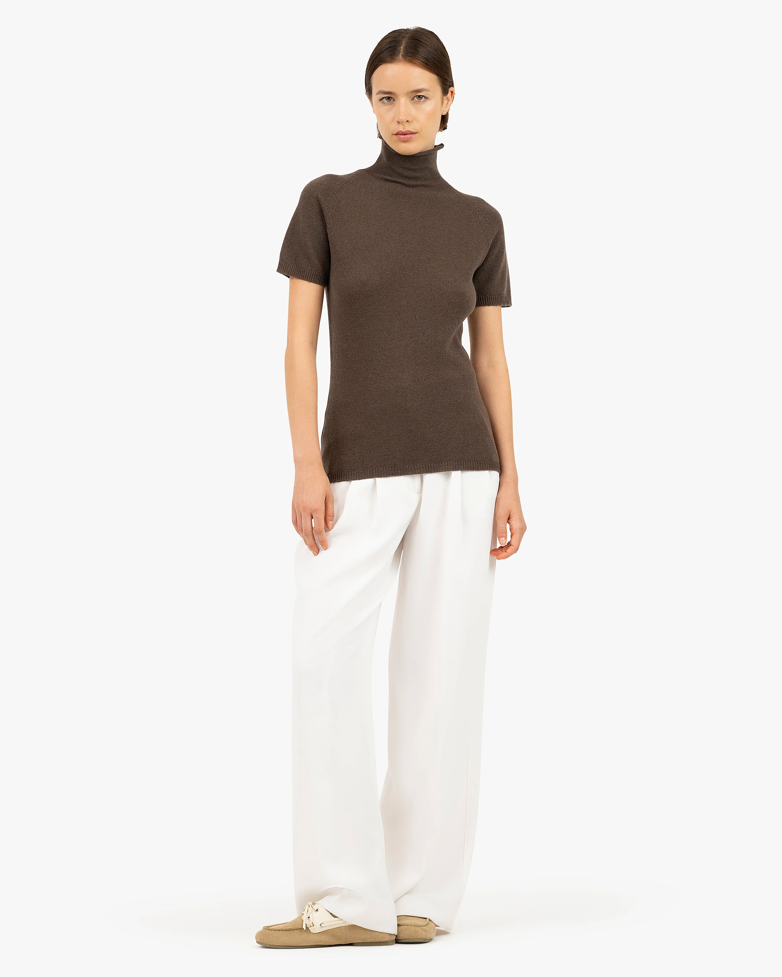 Piuma Mock Neck Tee - Brown Cashmere