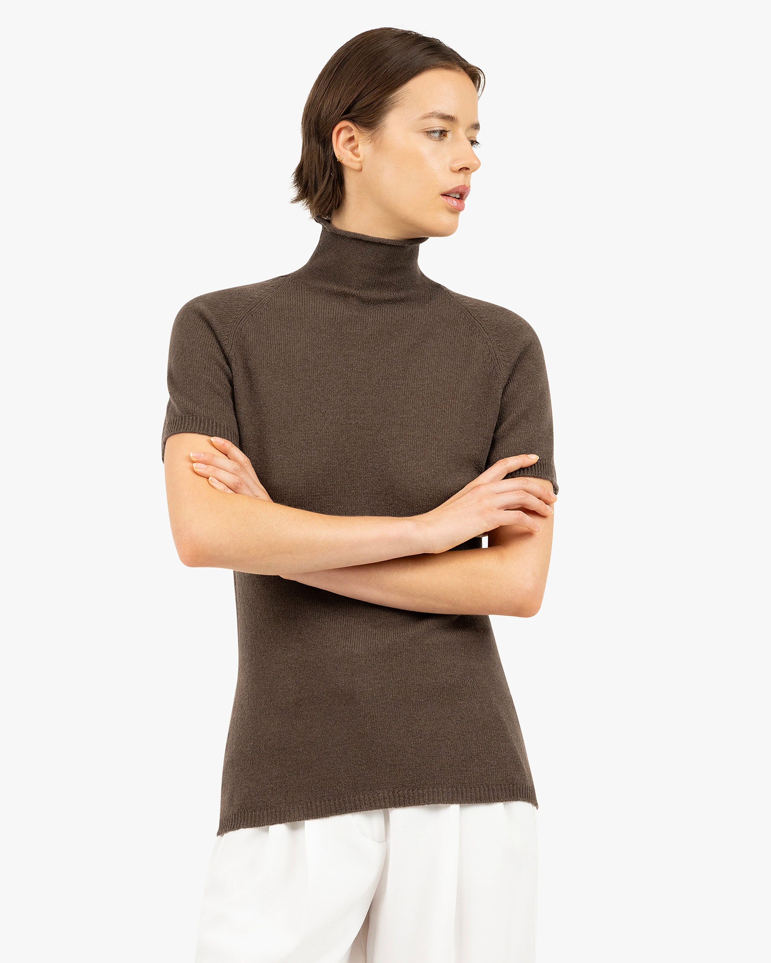 Piuma Mock Neck Tee - Brown Cashmere