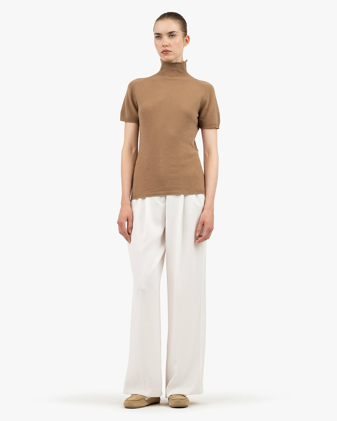 Women's Piuma Cashmere Mock Neck Tee - Camel | MaisonCashmere