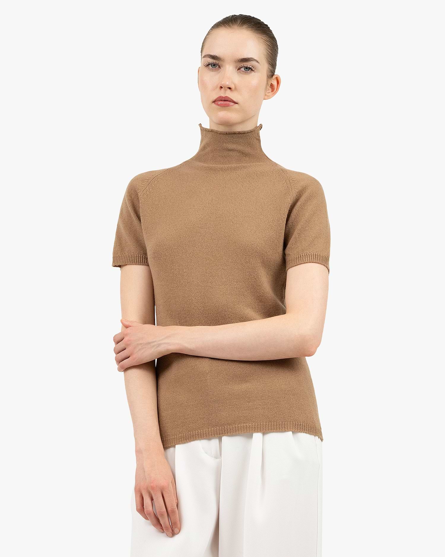 Women's Piuma Cashmere Mock Neck Tee - Camel | MaisonCashmere Women's Piuma Cashmere Mock Neck Tee - Camel | MaisonCashmere