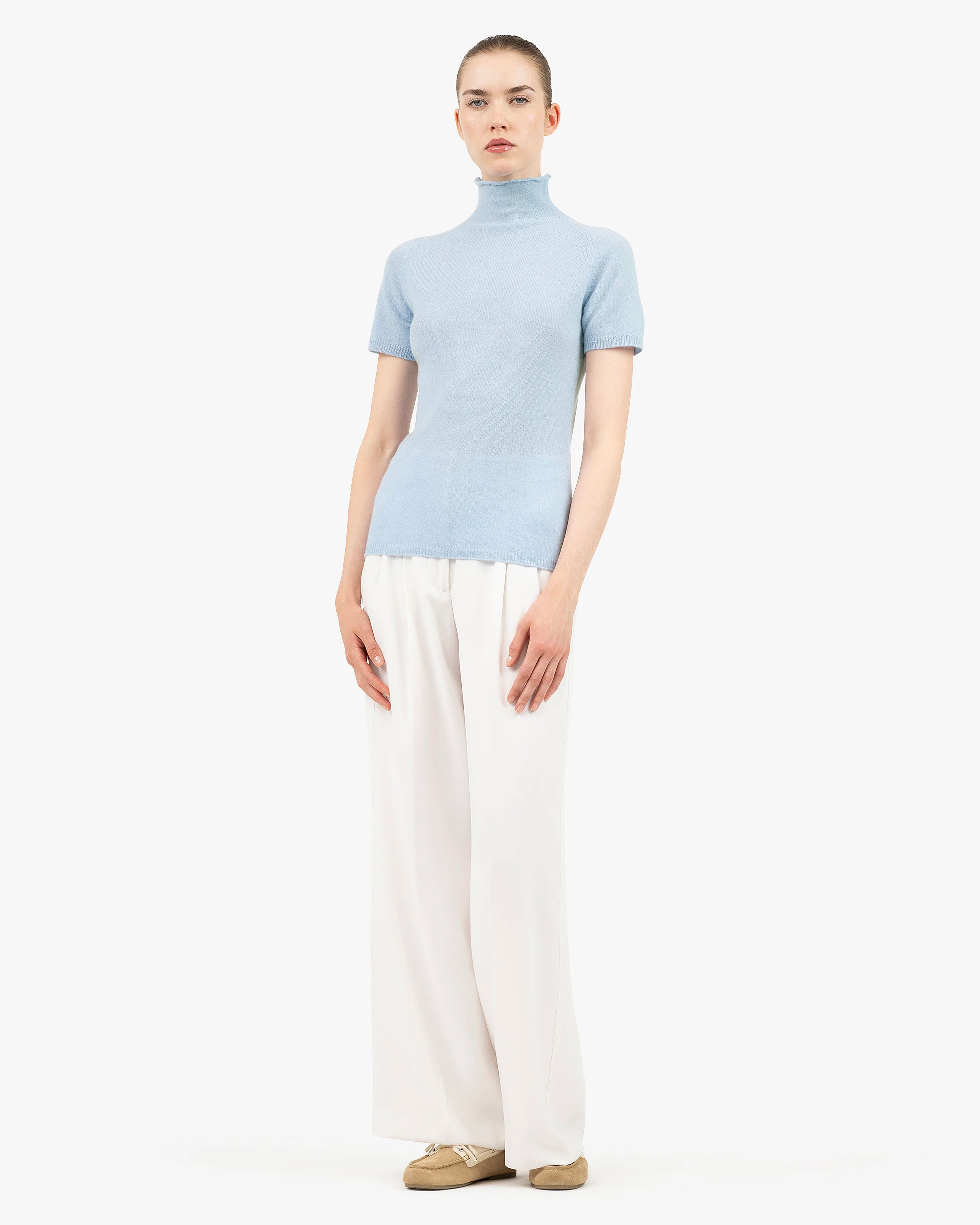 Piuma Mock Neck Tee - Light Blue Cashmere