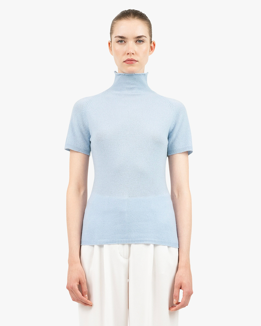 Piuma Mock Neck Tee - Light Blue Cashmere