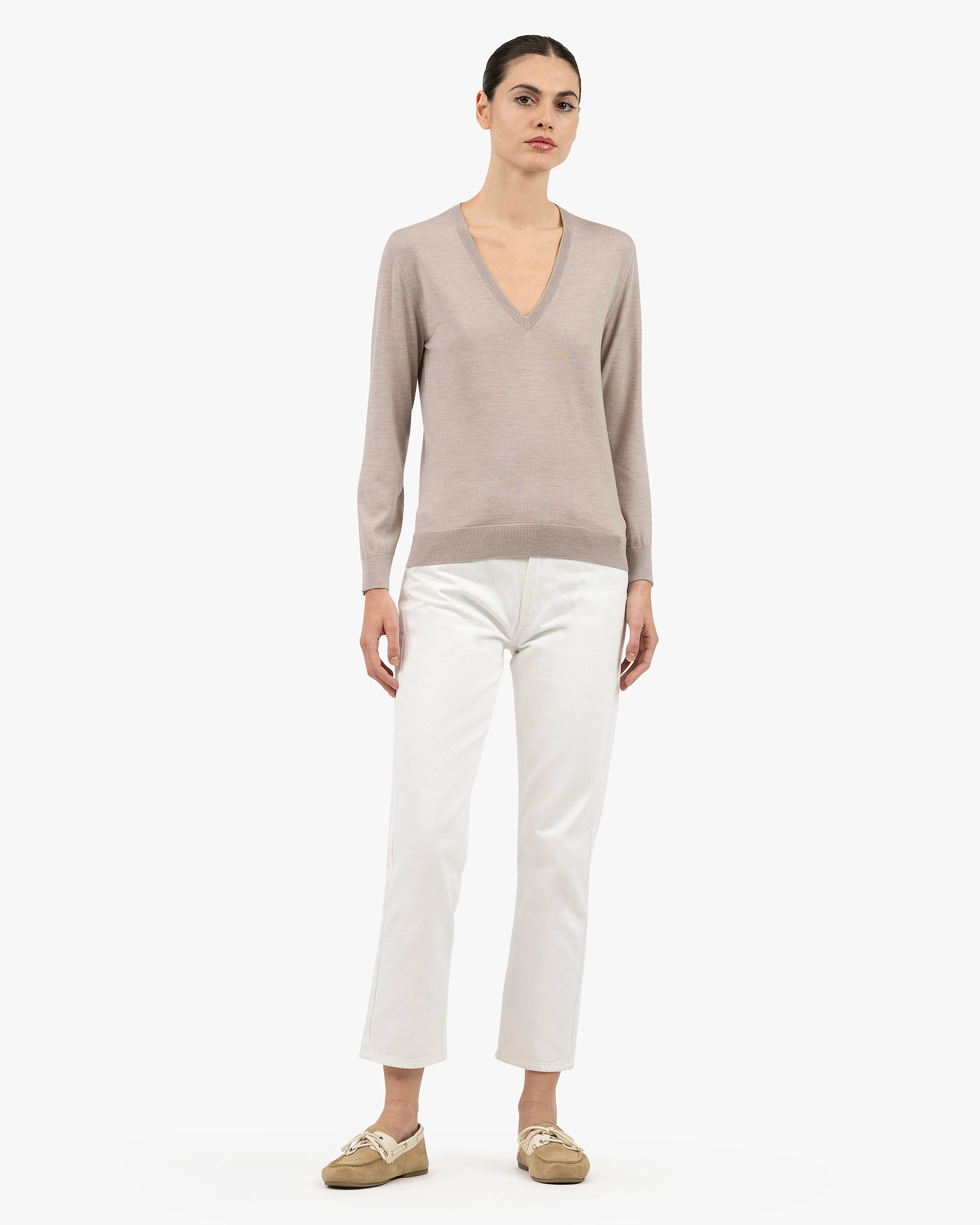 Women's Seraphine V-Neck Sweater - Beige Merino Superfine
