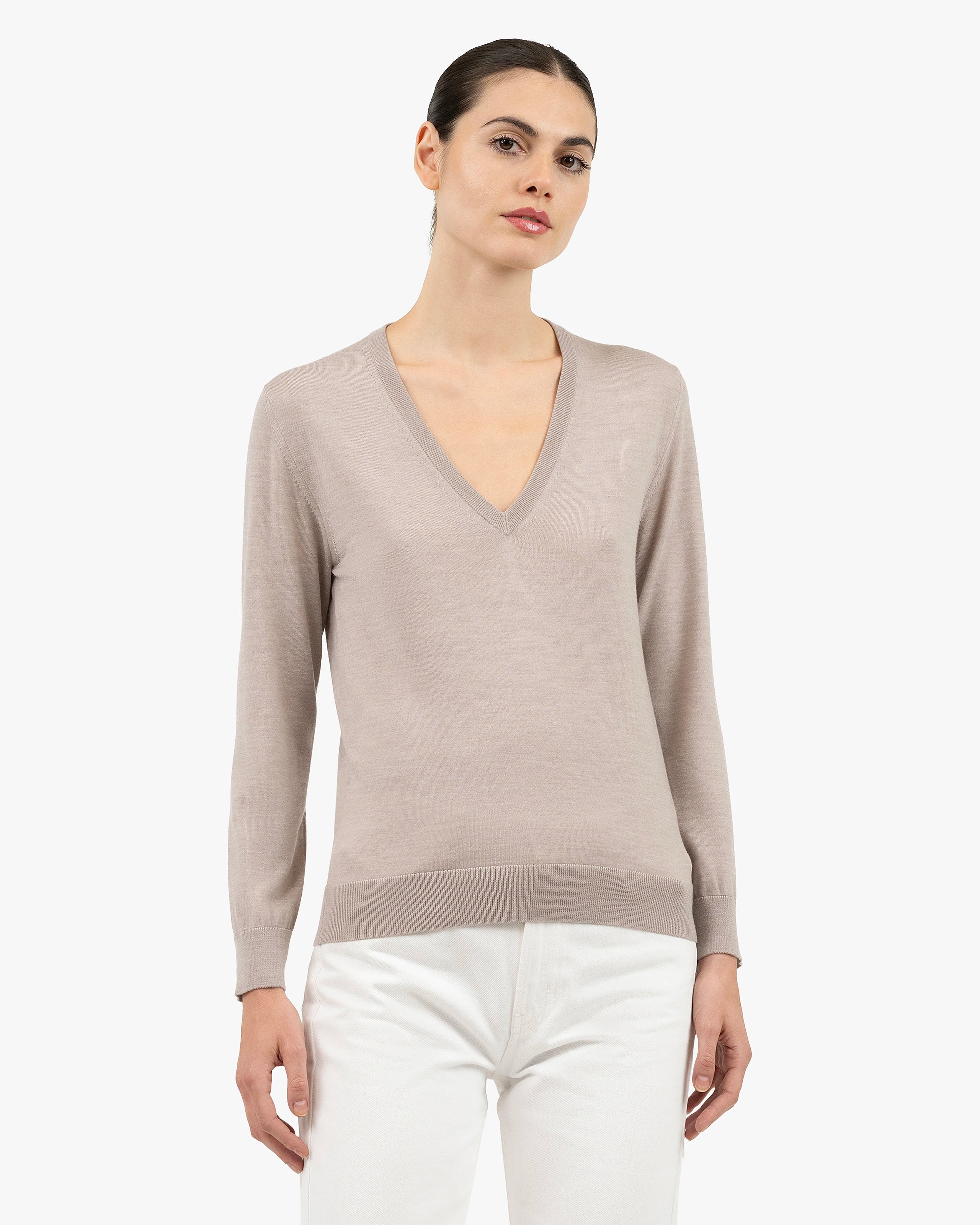 Women's Seraphine V-Neck Sweater - Beige Merino Superfine