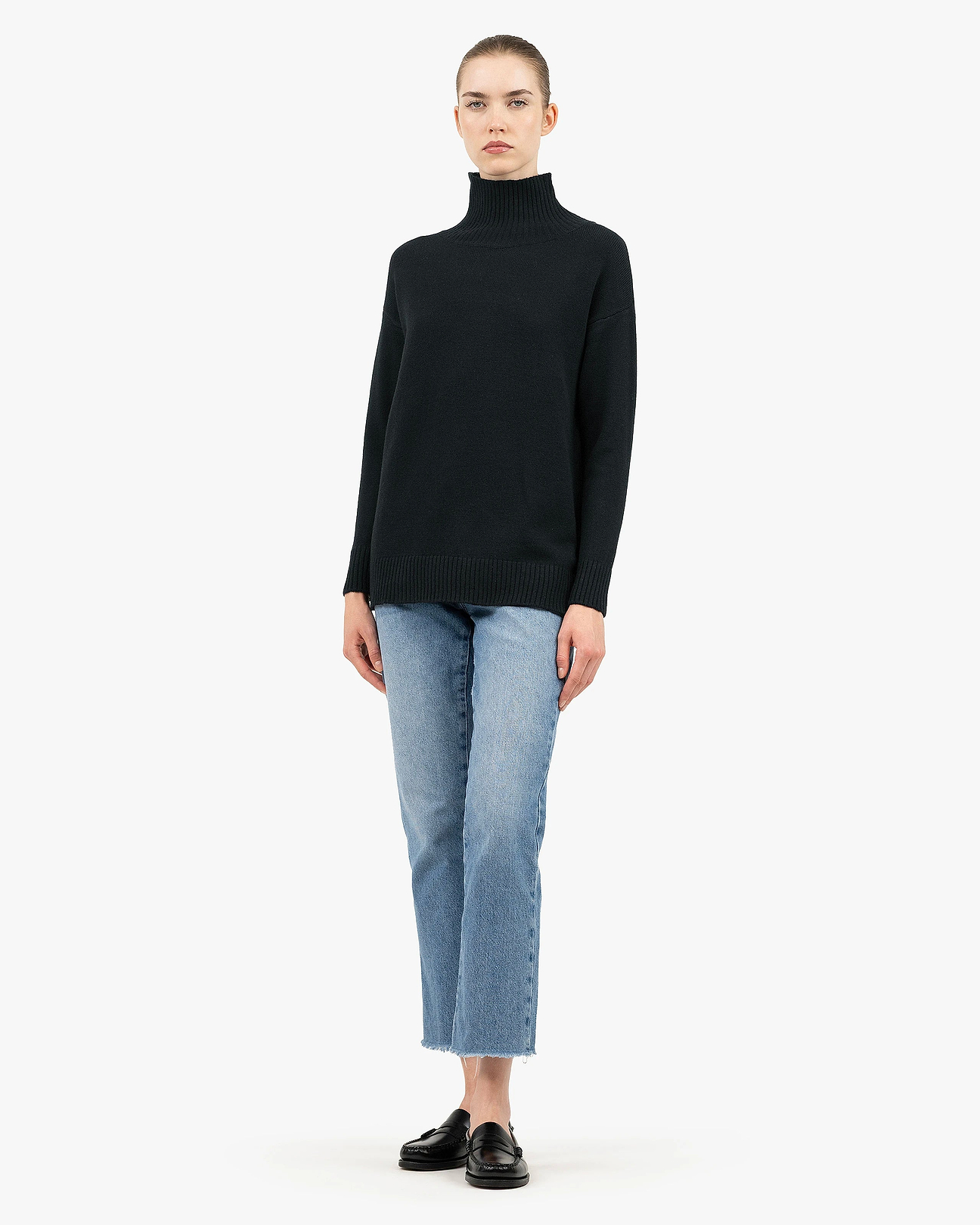 Women's Siena Wool-Cashmere Mock Neck - Black | MaisonCashmere