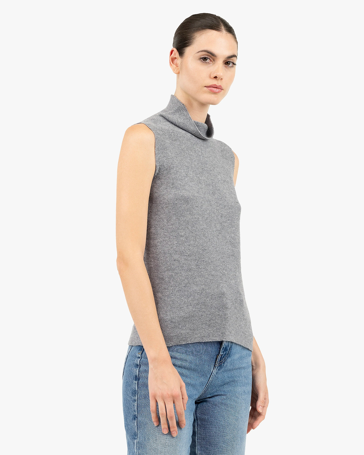 Soffio Mock Neck Top - Medium Grey Cashmere