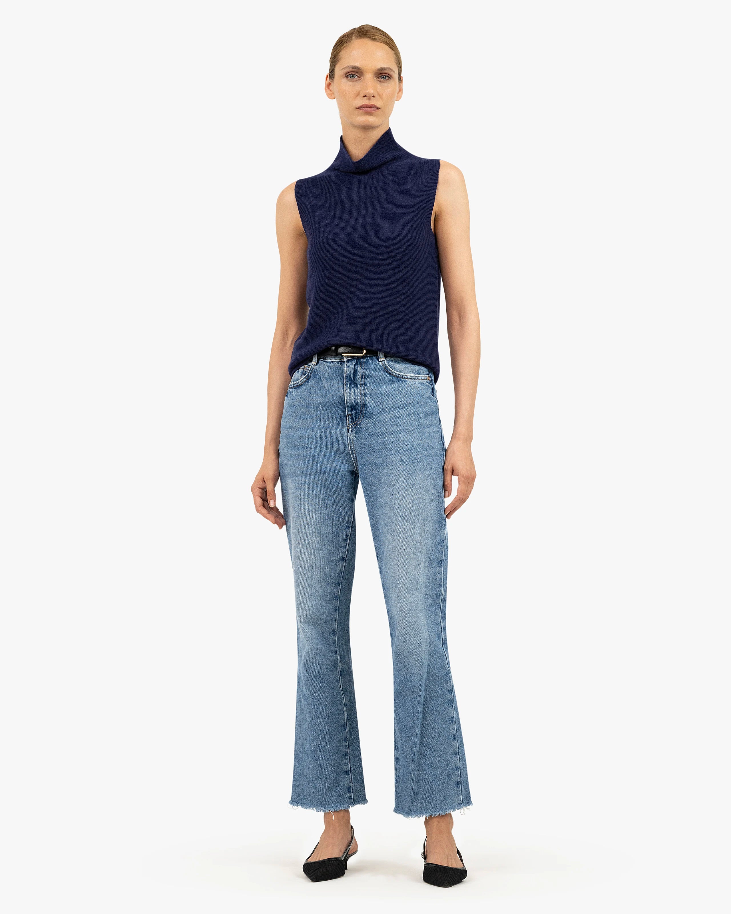 Soffio Mock Neck Top - Blue Cashmere