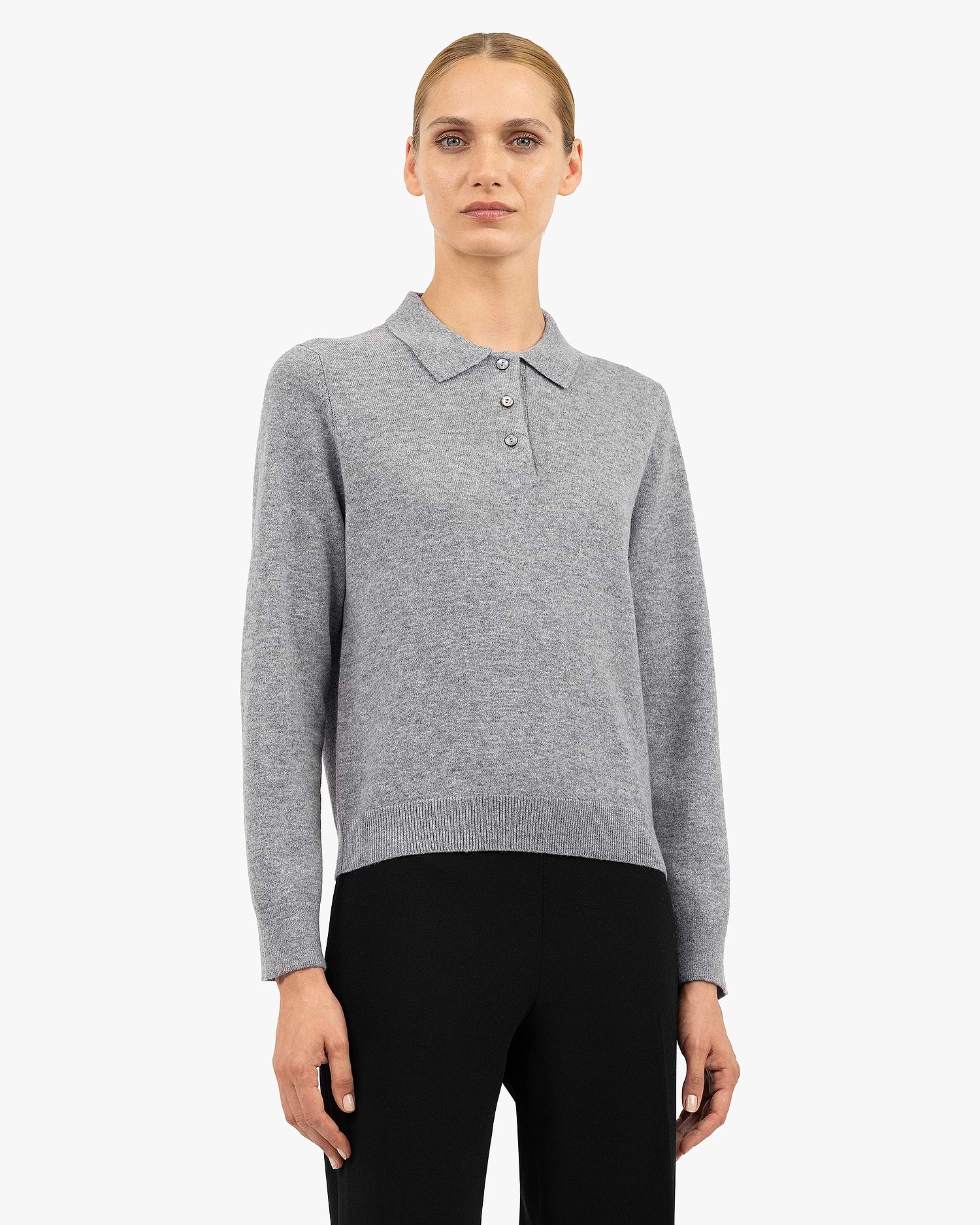 Women's Tribeca Cashmere Polo Sweater - Medium Grey | MaisonCashmere Women's Tribeca Cashmere Polo Sweater - Medium Grey | MaisonCashmere