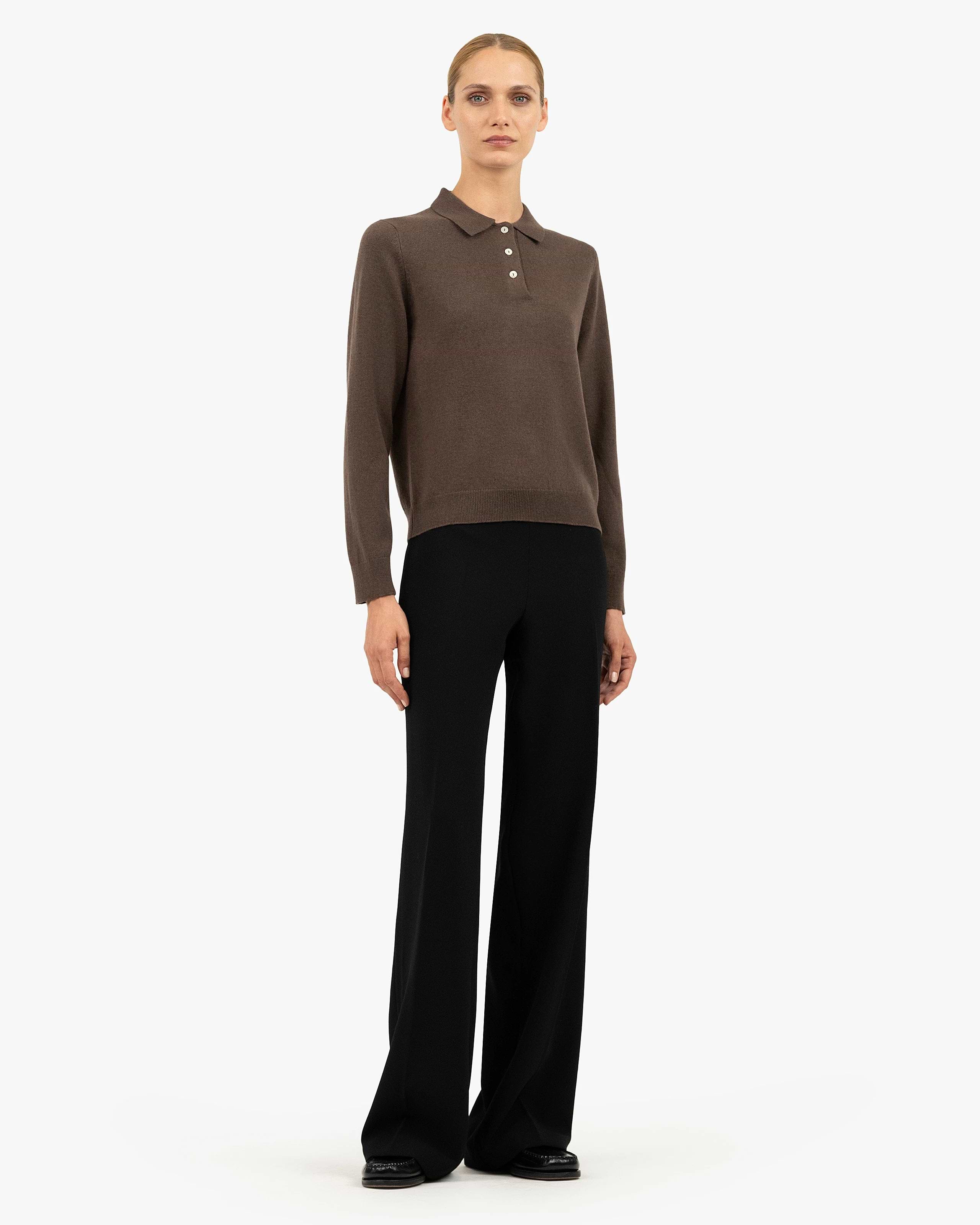 Women's Tribeca Cashmere Polo Sweater - Brown | MaisonCashmere Women's Tribeca Cashmere Polo Sweater - Brown | MaisonCashmere