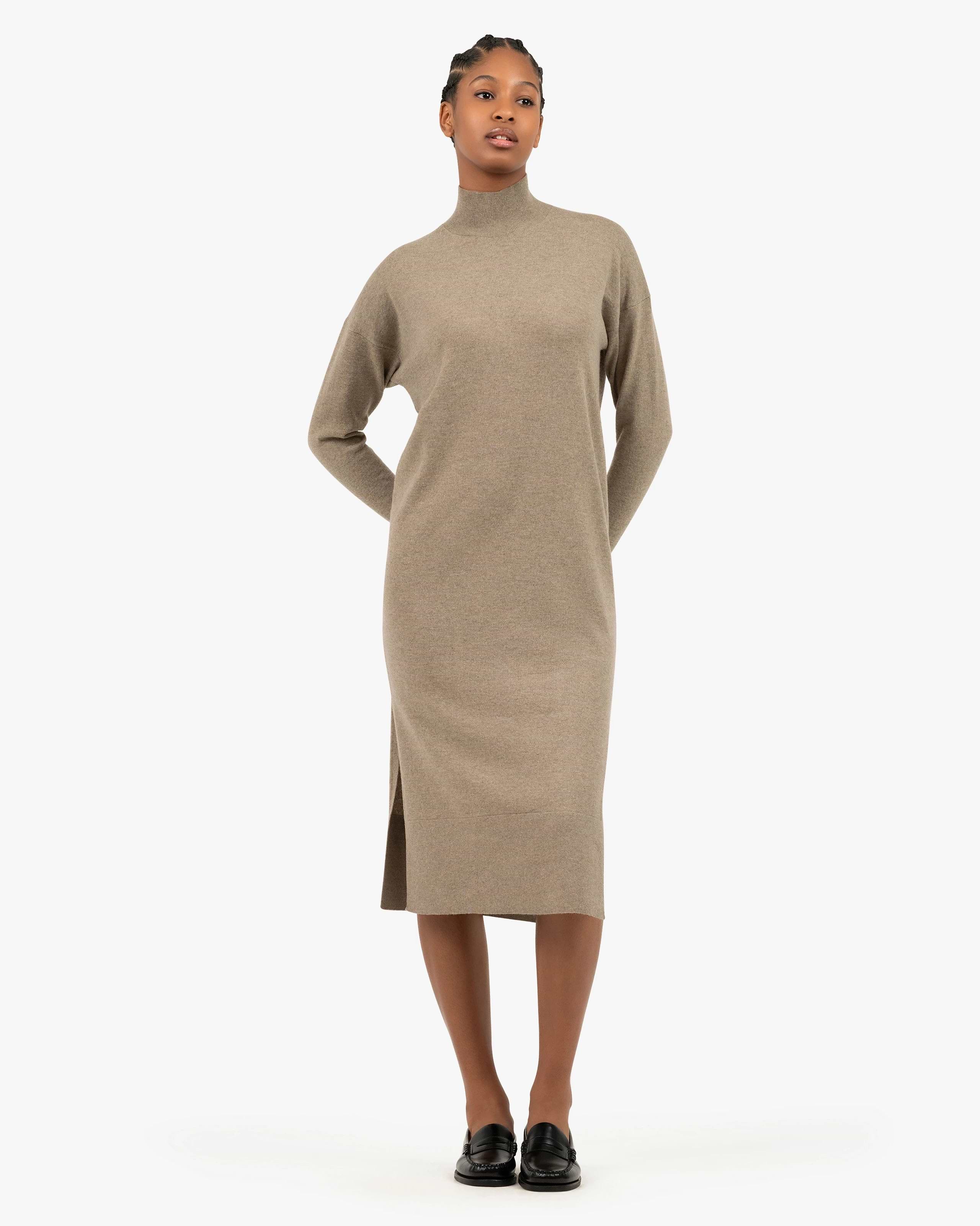 cashmere long sleeve dress Cotton Cashmere Ribbed Long Sleeve V-Neck Midi Dress in Olive