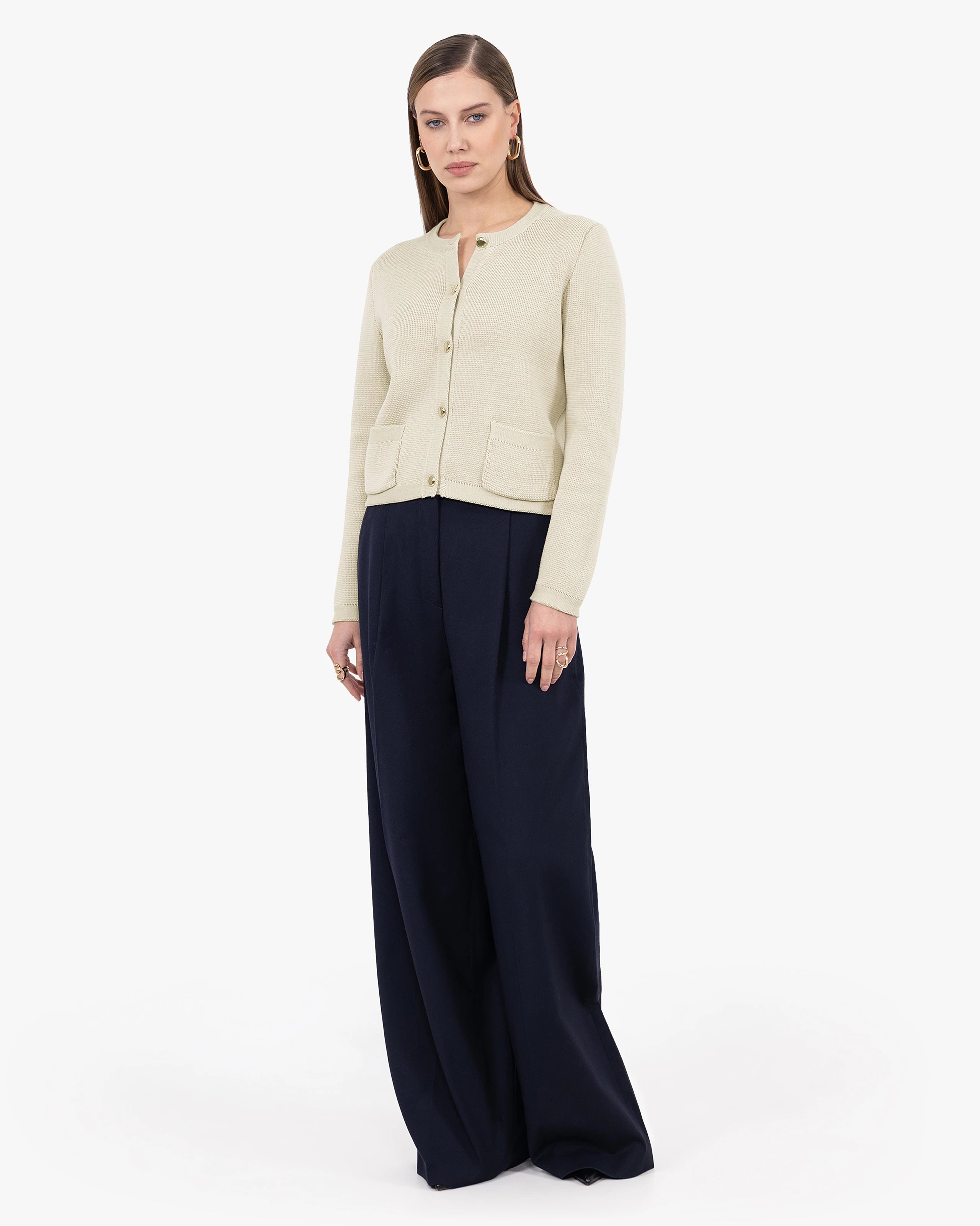 Oasi Crew Neck Cardigan - Beige Cotone