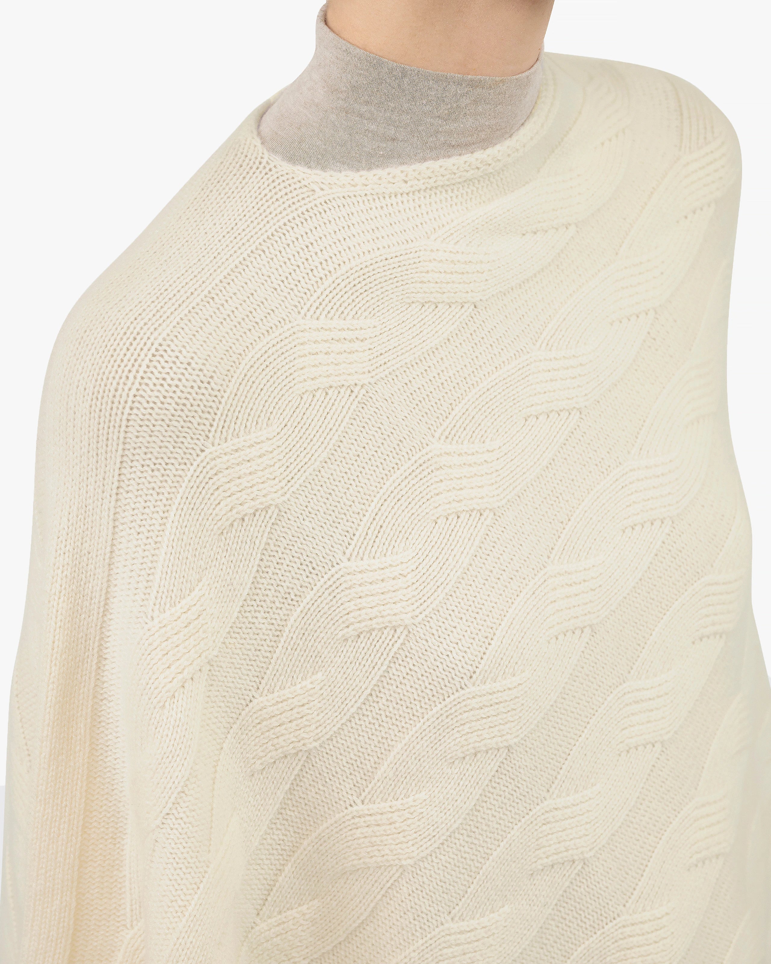 Cable Knit Maxi Poncho - White Cashmere