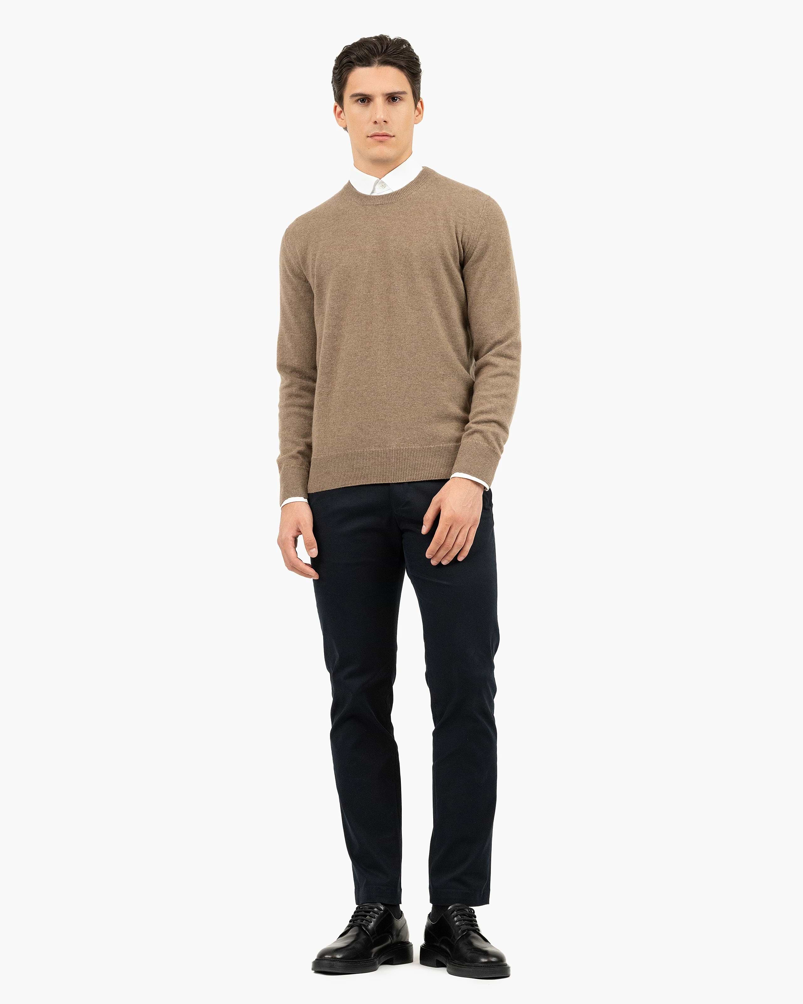 Men's Classic Crew Neck Sweater - Light Brown - Cashmere