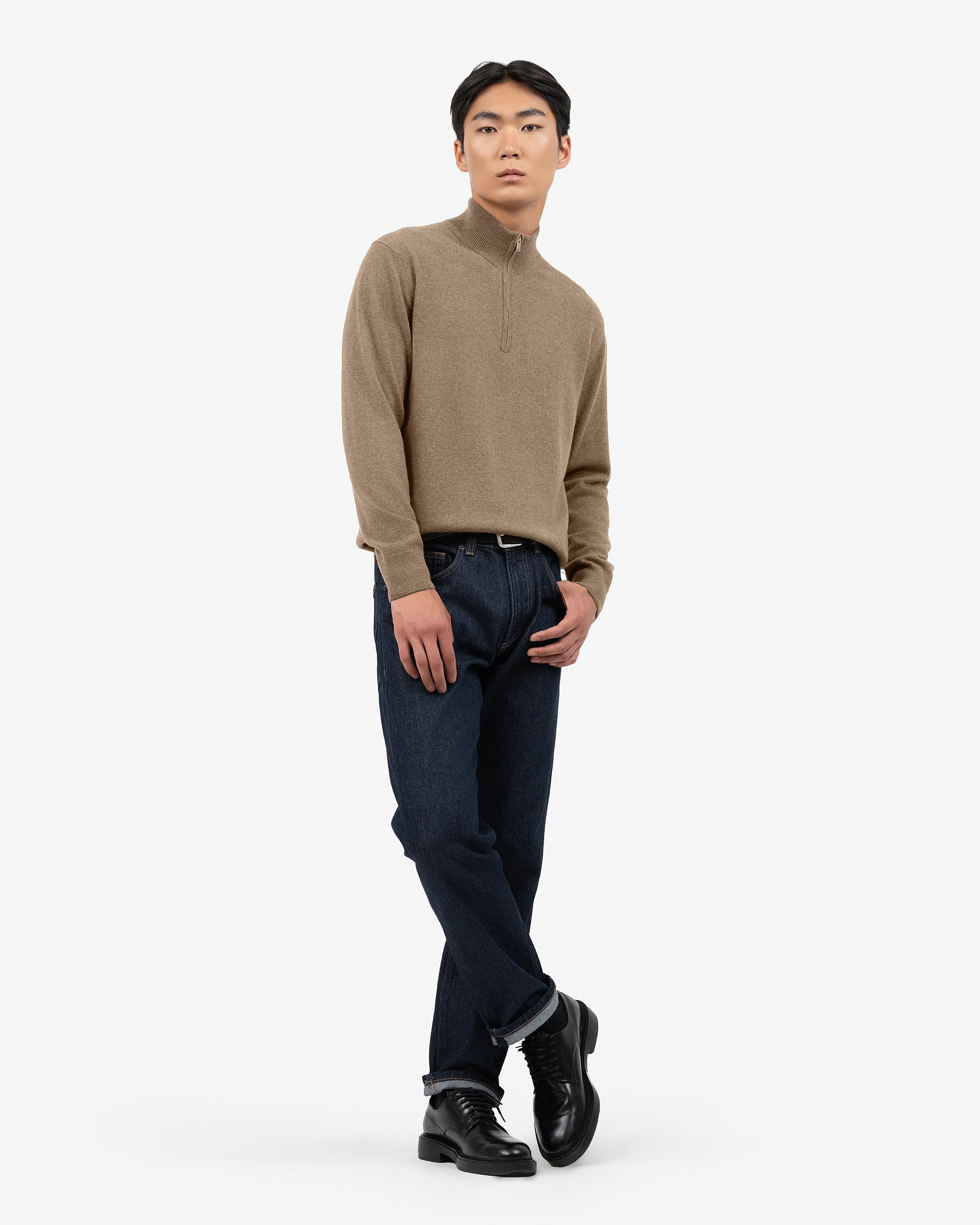 Men's Classic Half-Zip Mock Neck - Light Brown Cashmere