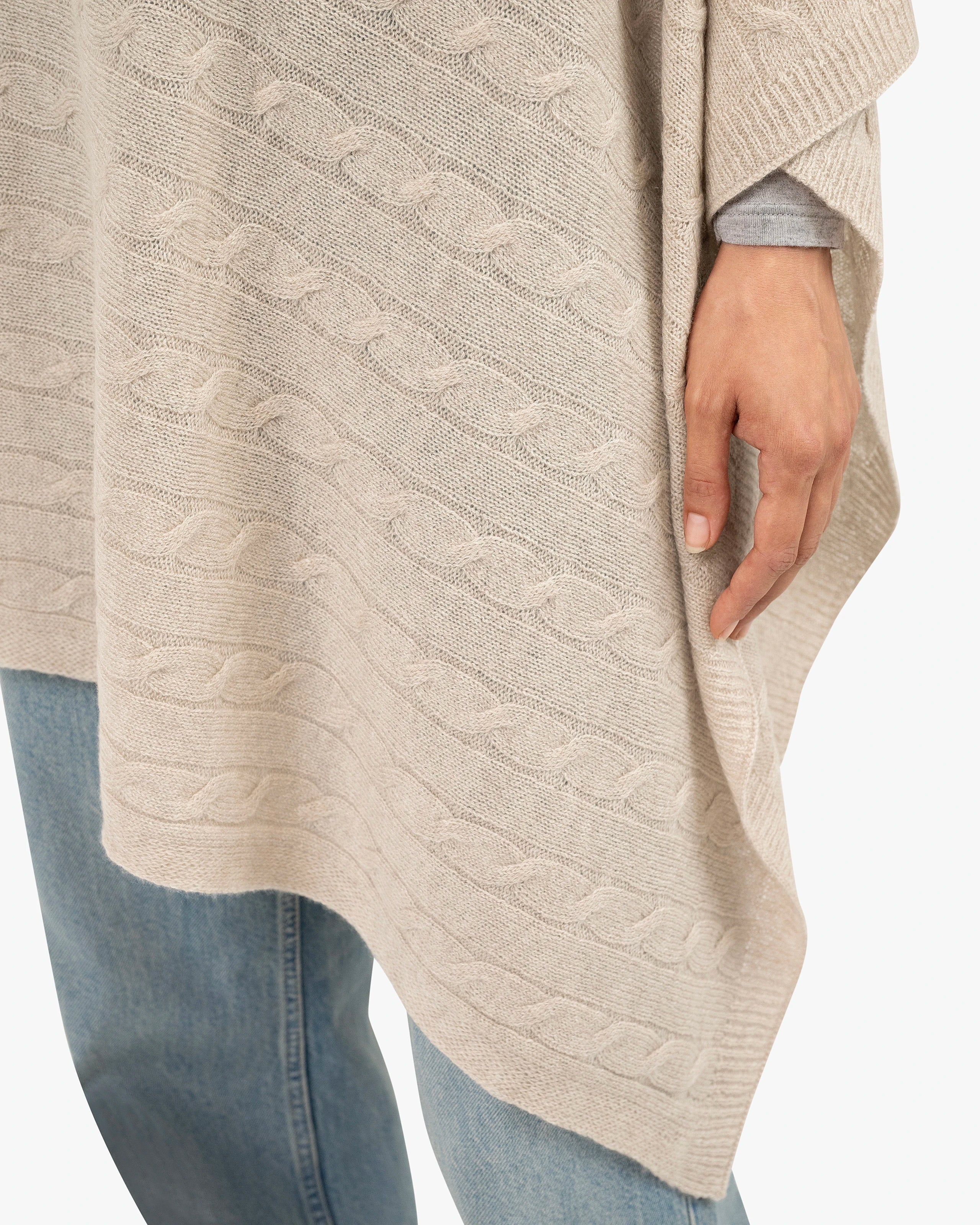 Cable Knit Essential Poncho - Beige Cashmere