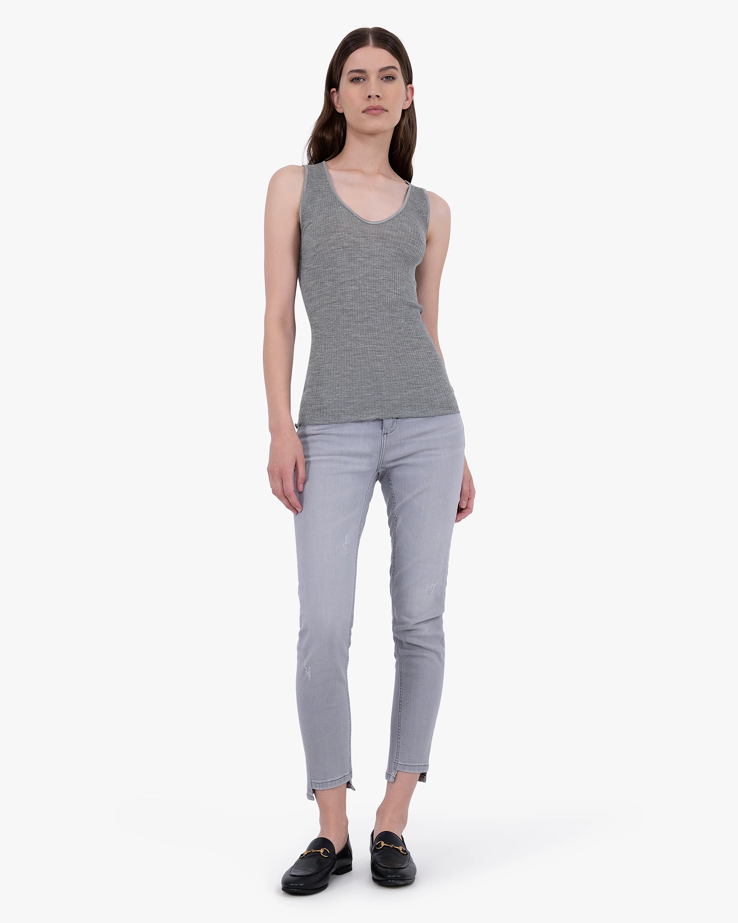V-Neck Pleated Tank Top - Grey Merino / Seta