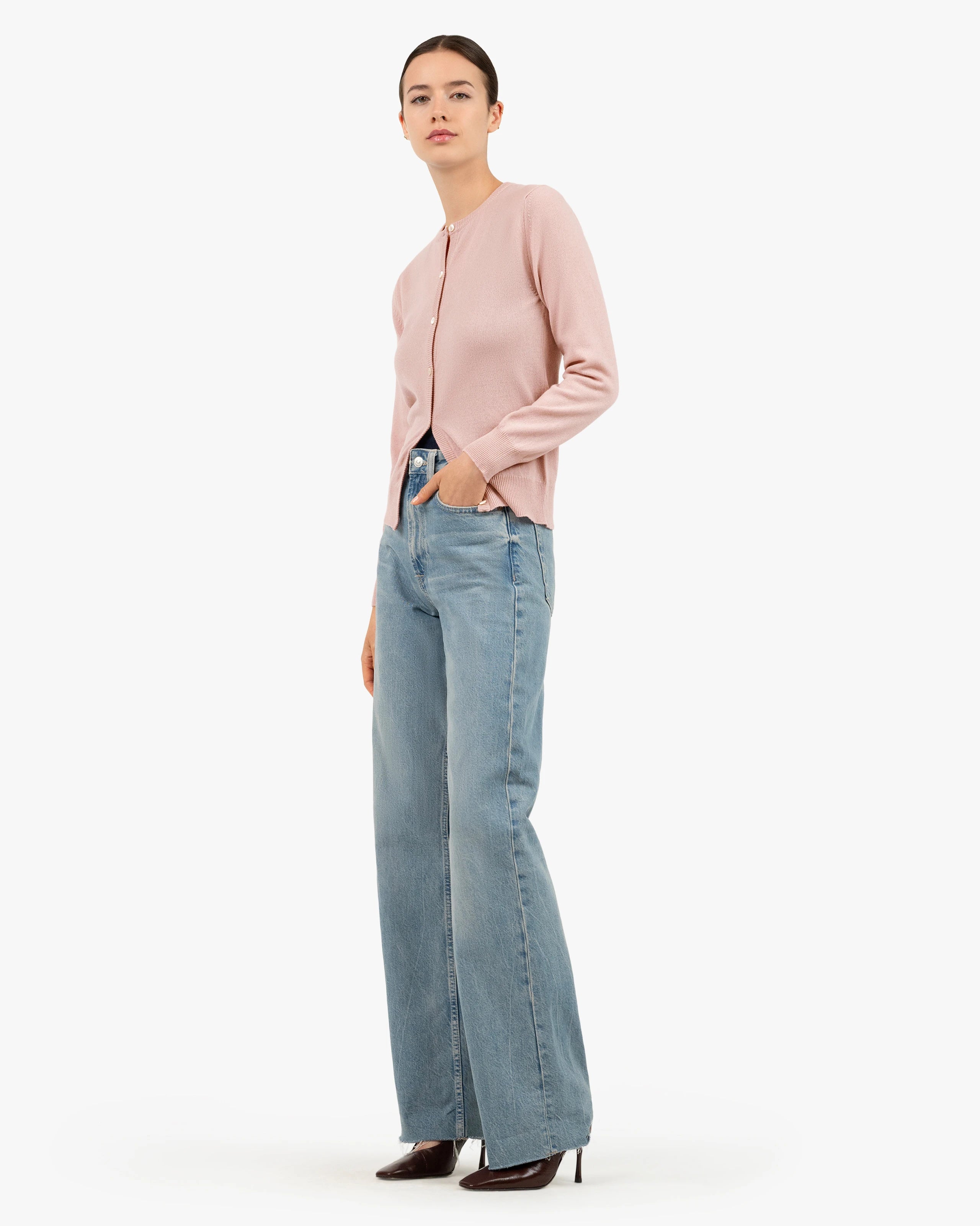Essential Crew Neck Cardigan - Rose Cashmere