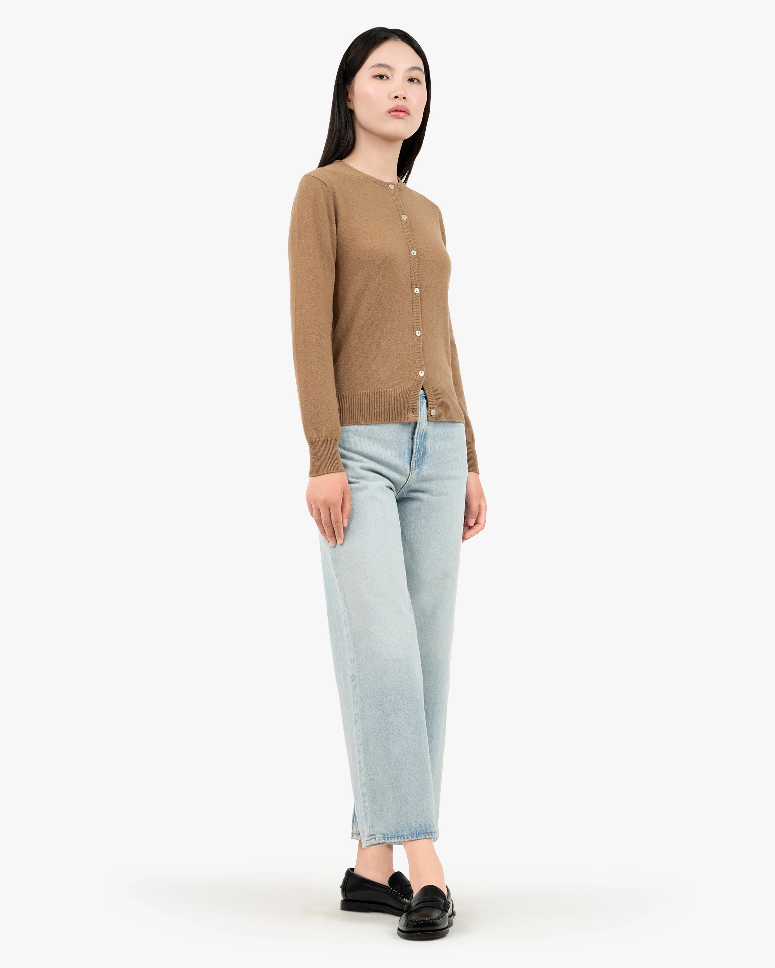 Essential Crew Neck Cardigan - Camel Cashmere