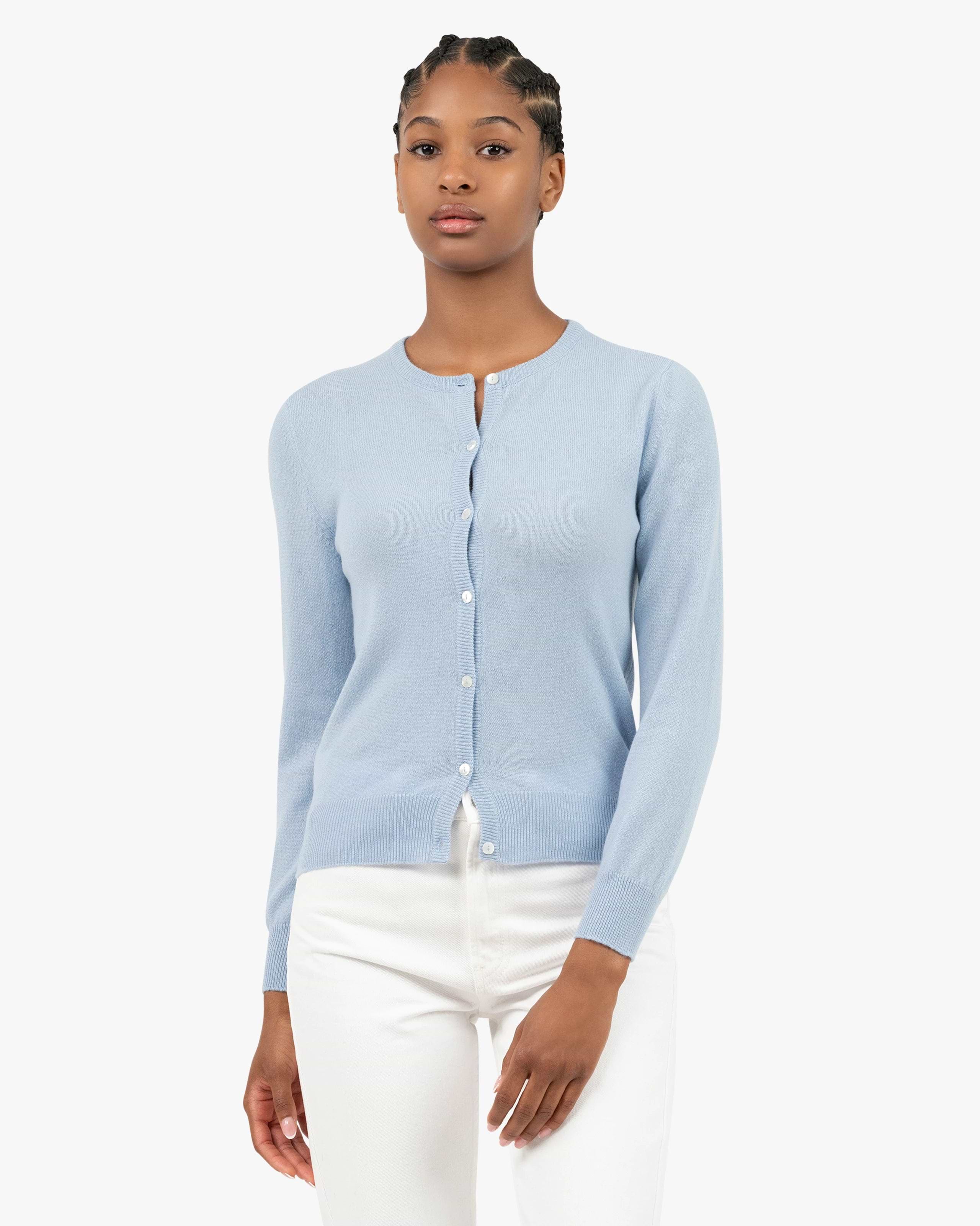 Women's Essential Cashmere Crew Neck Cardigan - Light Blue Women's Essential Cashmere Crew Neck Cardigan - Light Blue