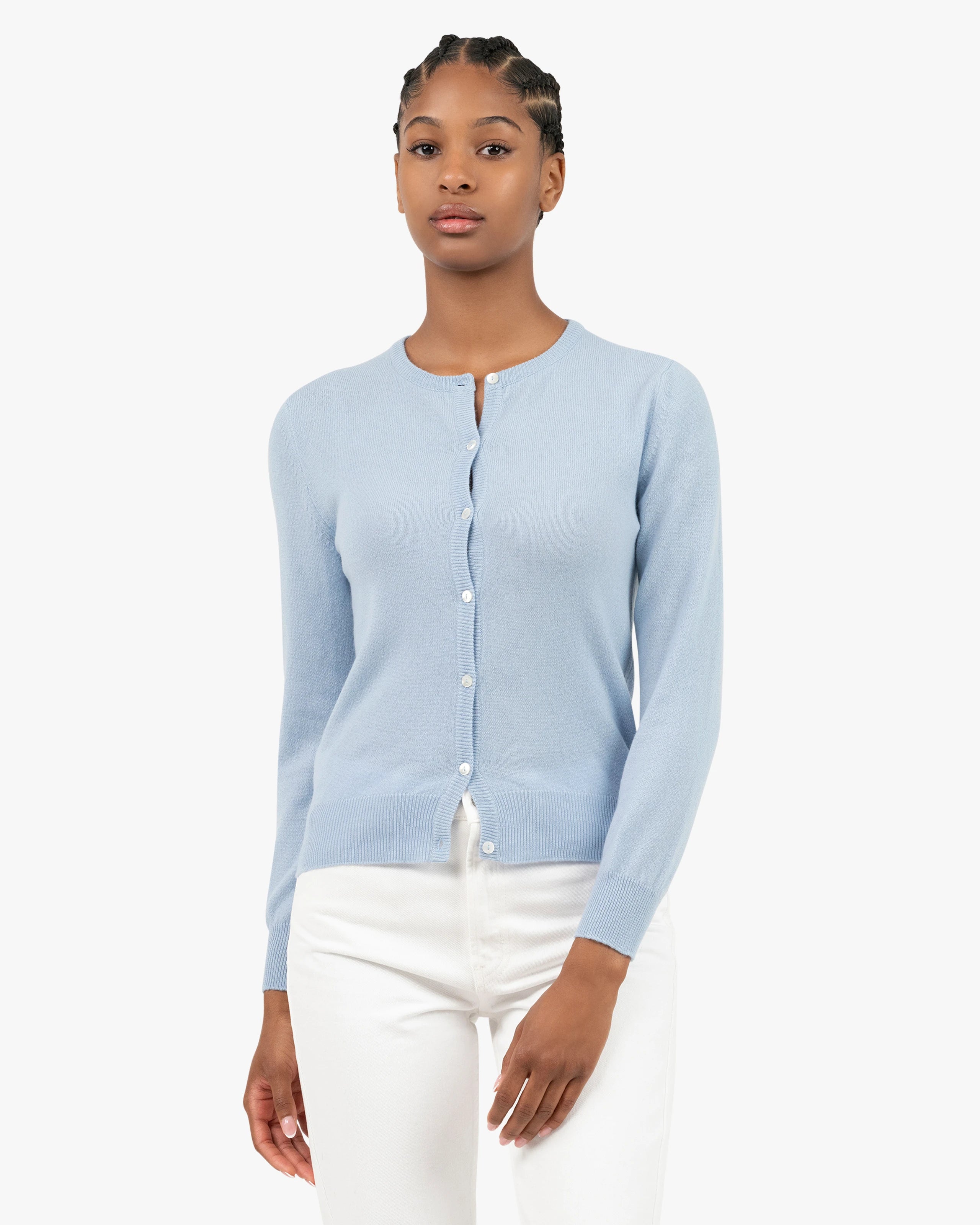 Essential Crew Neck Cardigan - Light Blue Cashmere