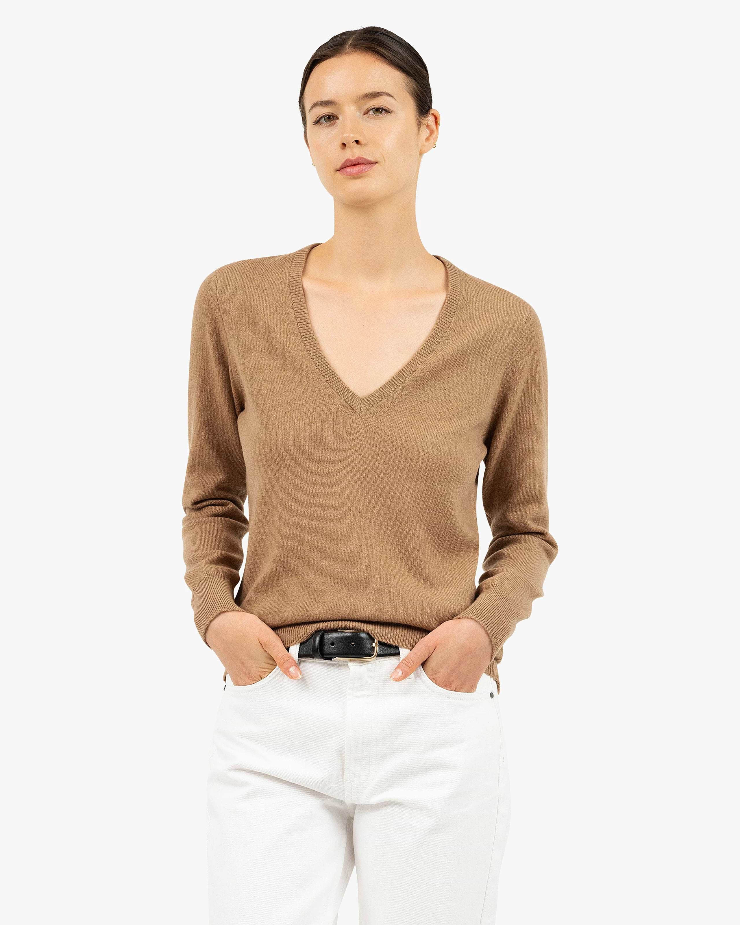 Women's Essential Cashmere V-Neck Sweater - Camel | MaisonCashmere Women's Essential Cashmere V-Neck Sweater - Camel | MaisonCashmere